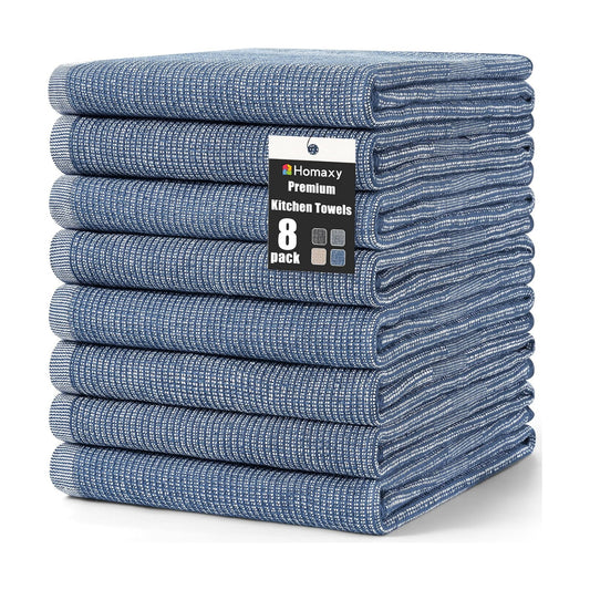 Homaxy 380 GSM Cotton Premium Kitchen Towels 8 Pack, 18"x 28", Navy Blue | Flat and Terry Dish Towels, Highly Absorbent