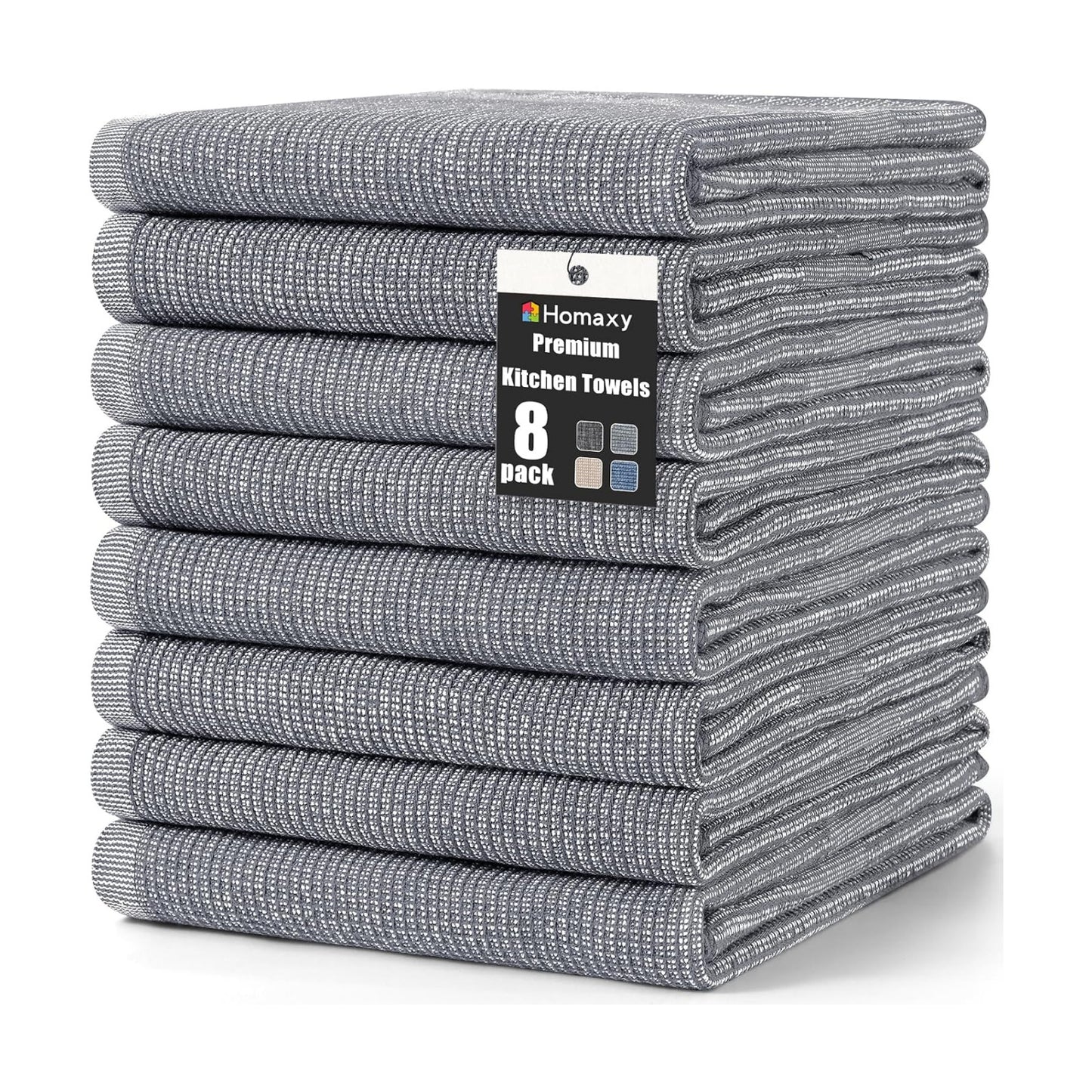 Homaxy 380 GSM Cotton Premium Kitchen Towels 8 Pack, 18"x 28", Grey | Flat and Terry Dish Towels, Highly Absorbent Tea