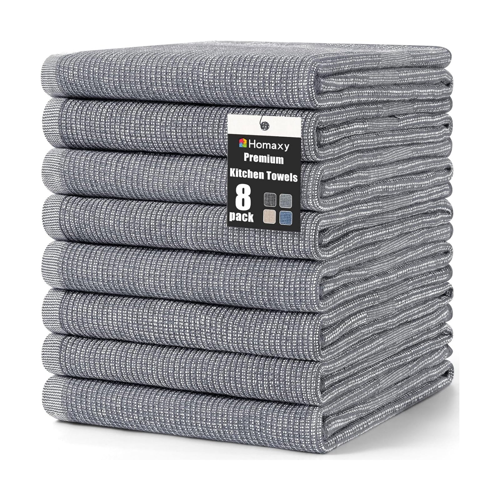 Homaxy 380 GSM Cotton Premium Kitchen Towels 8 Pack, 18"x 28", Grey | Flat and Terry Dish Towels, Highly Absorbent Tea
