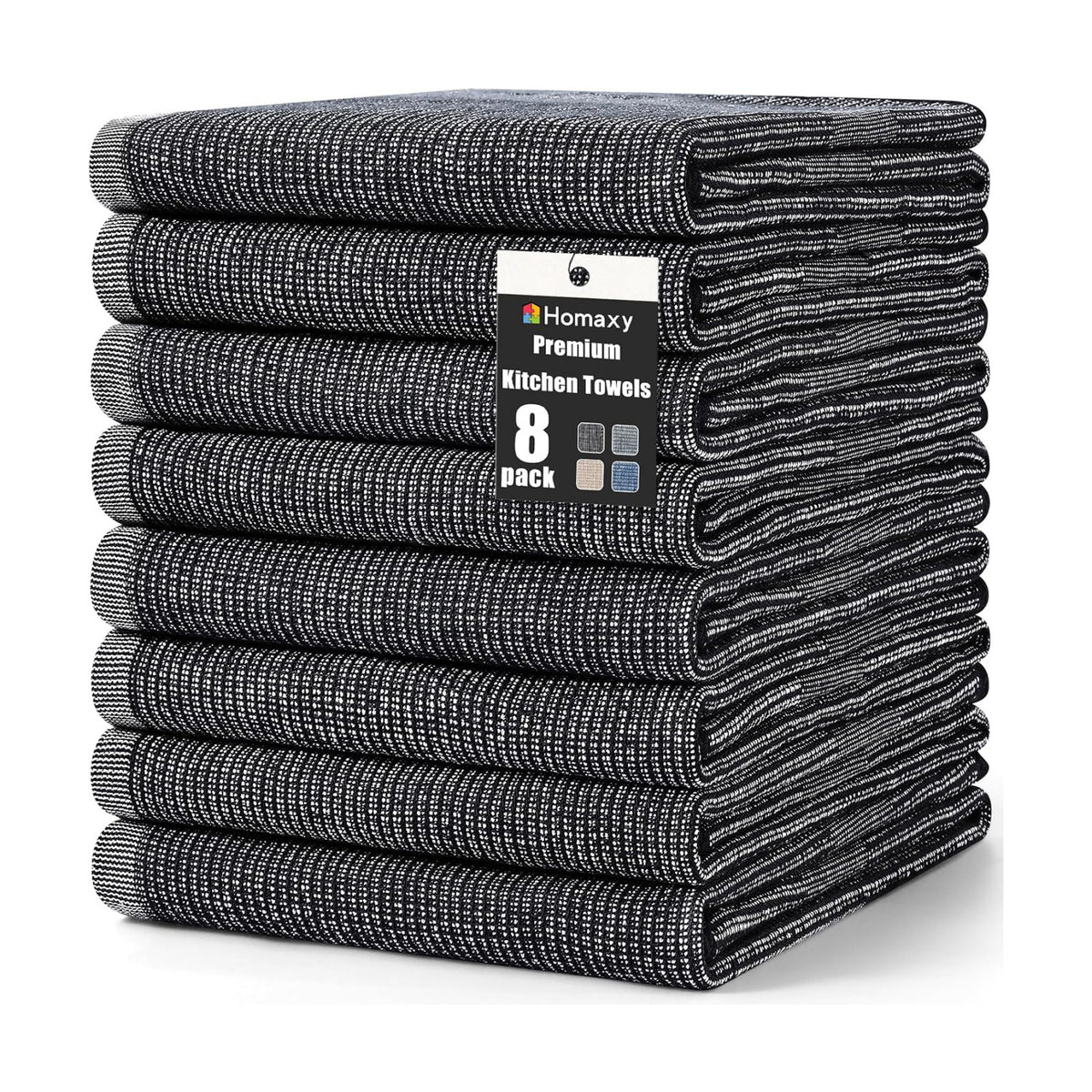 Homaxy 380 GSM Cotton Premium Kitchen Towels 8 Pack, 18"x 28", Black | Flat and Terry Dish Towels, Highly Absorbent Tea