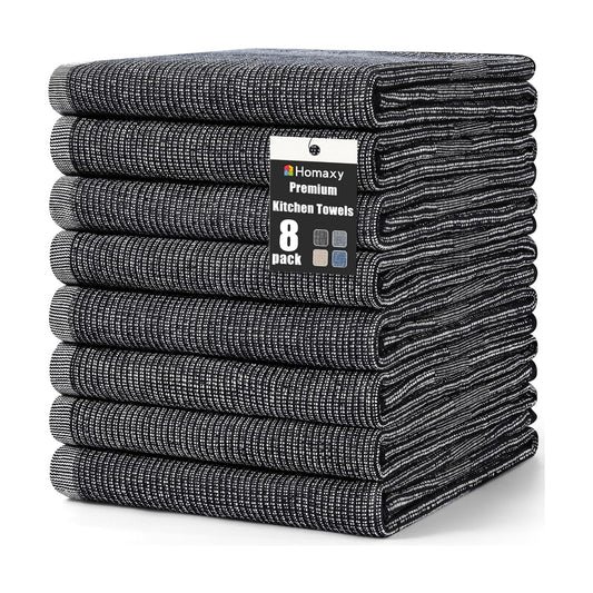 Homaxy 380 GSM Cotton Premium Kitchen Towels 8 Pack, 18"x 28", Black | Flat and Terry Dish Towels, Highly Absorbent Tea
