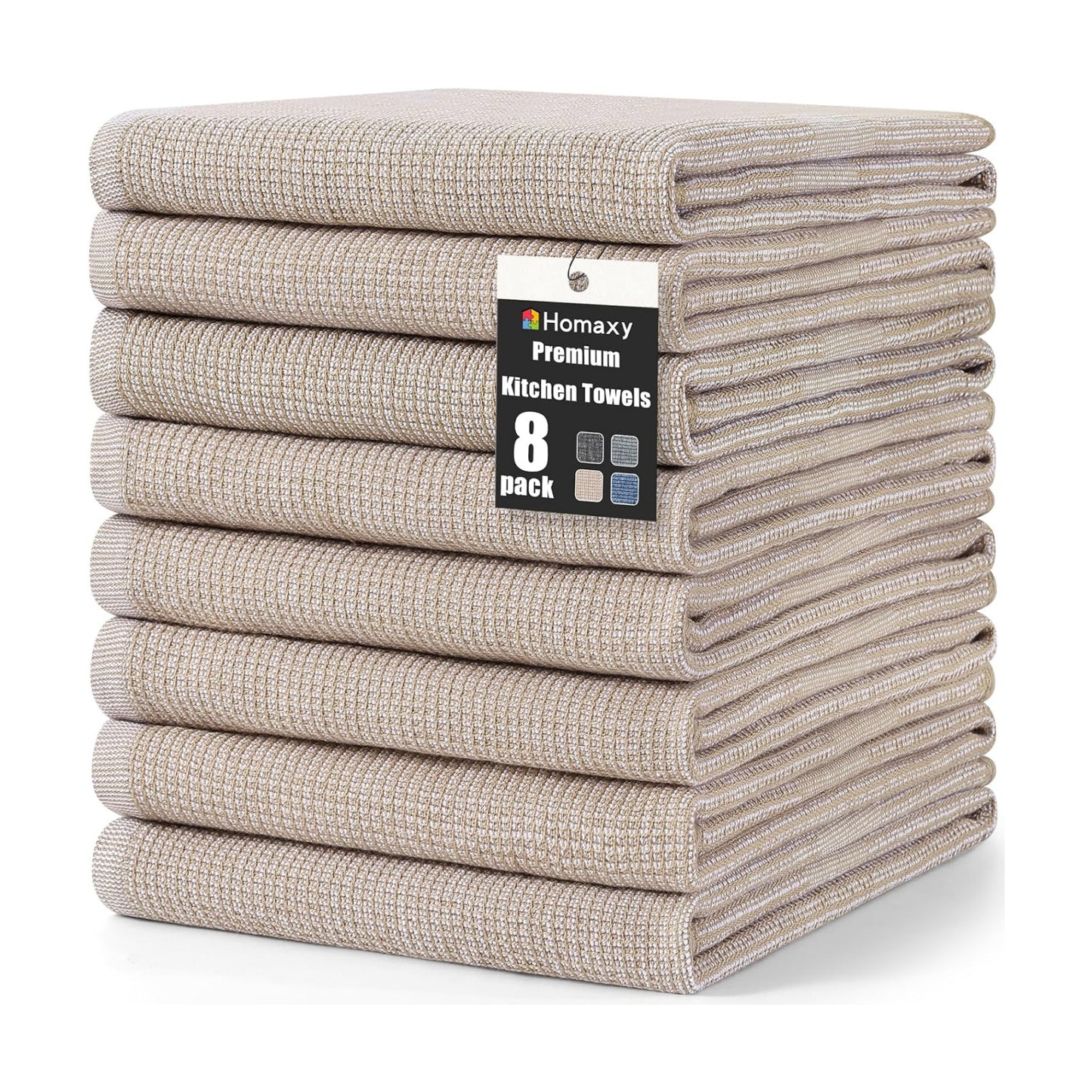 Homaxy 380 GSM Cotton Premium Kitchen Towels 8 Pack, 18"x 28", Khaki | Flat and Terry Dish Towels, Highly Absorbent Tea