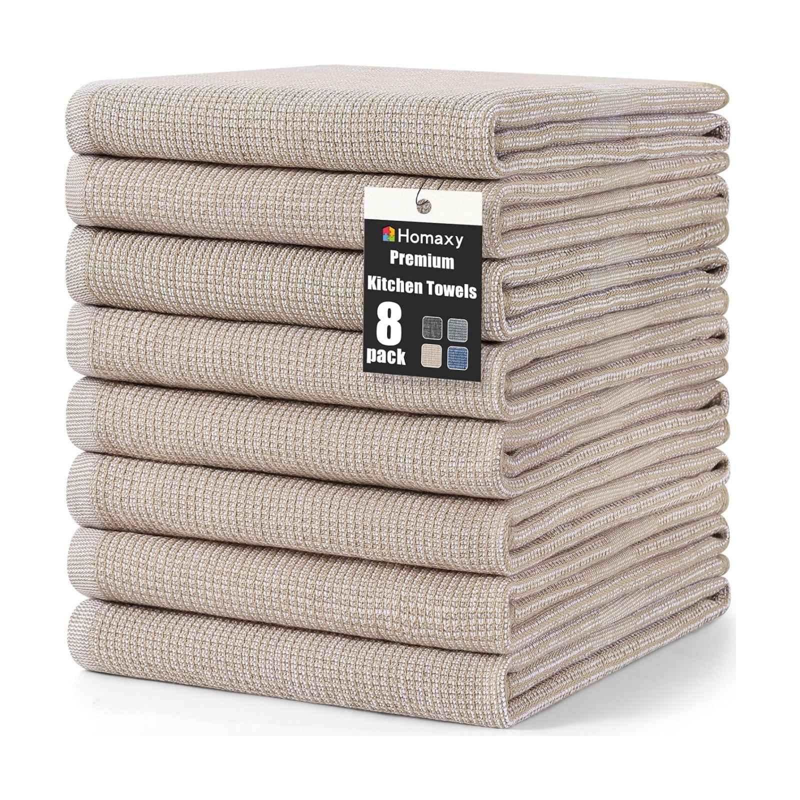 Homaxy 380 GSM Cotton Premium Kitchen Towels 8 Pack, 18"x 28", Khaki | Flat and Terry Dish Towels, Highly Absorbent Tea