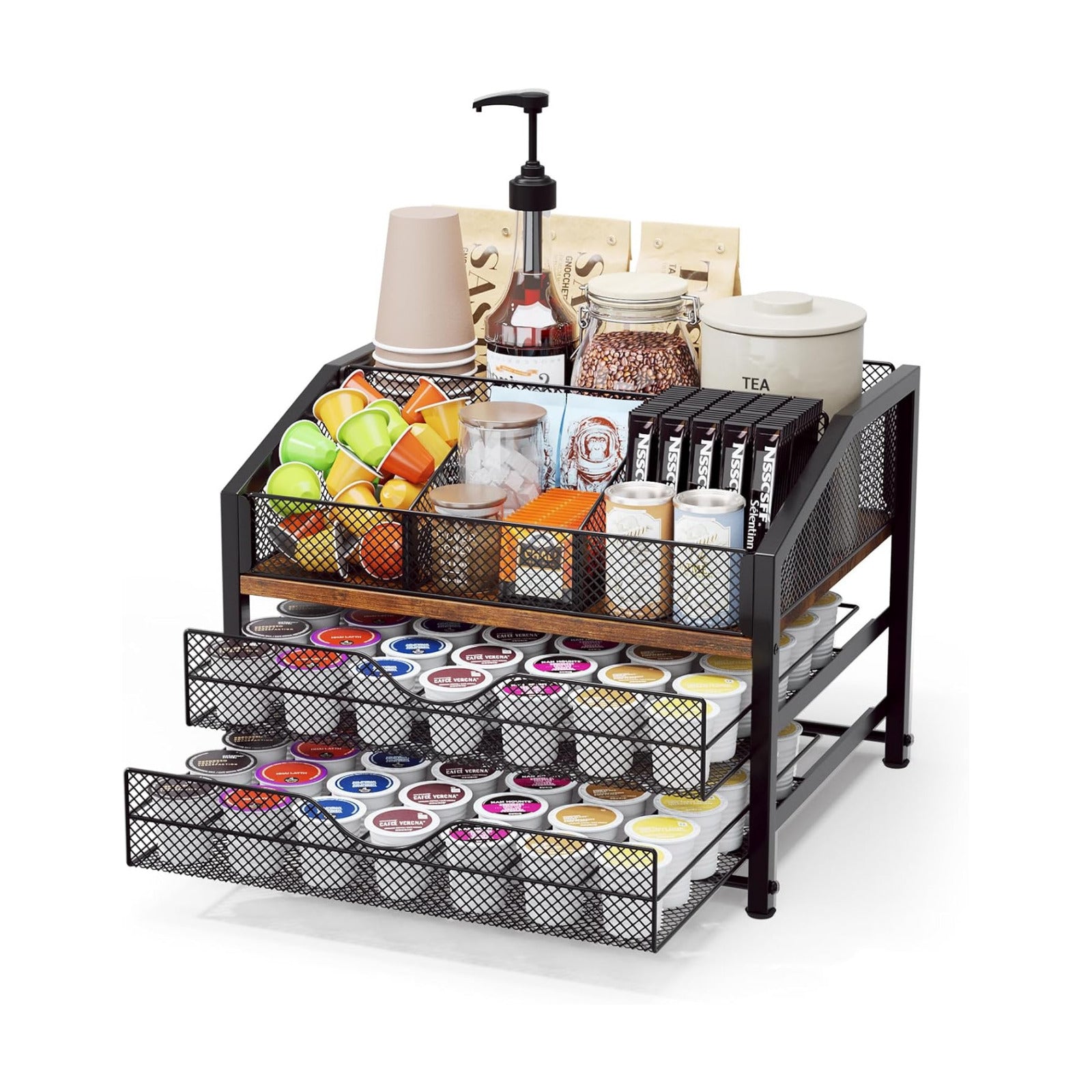 Coffee Bar Organizer - Coffee Station for Countertop, Metal and Wood K Cup holder Storage Basket for Coffee Pods