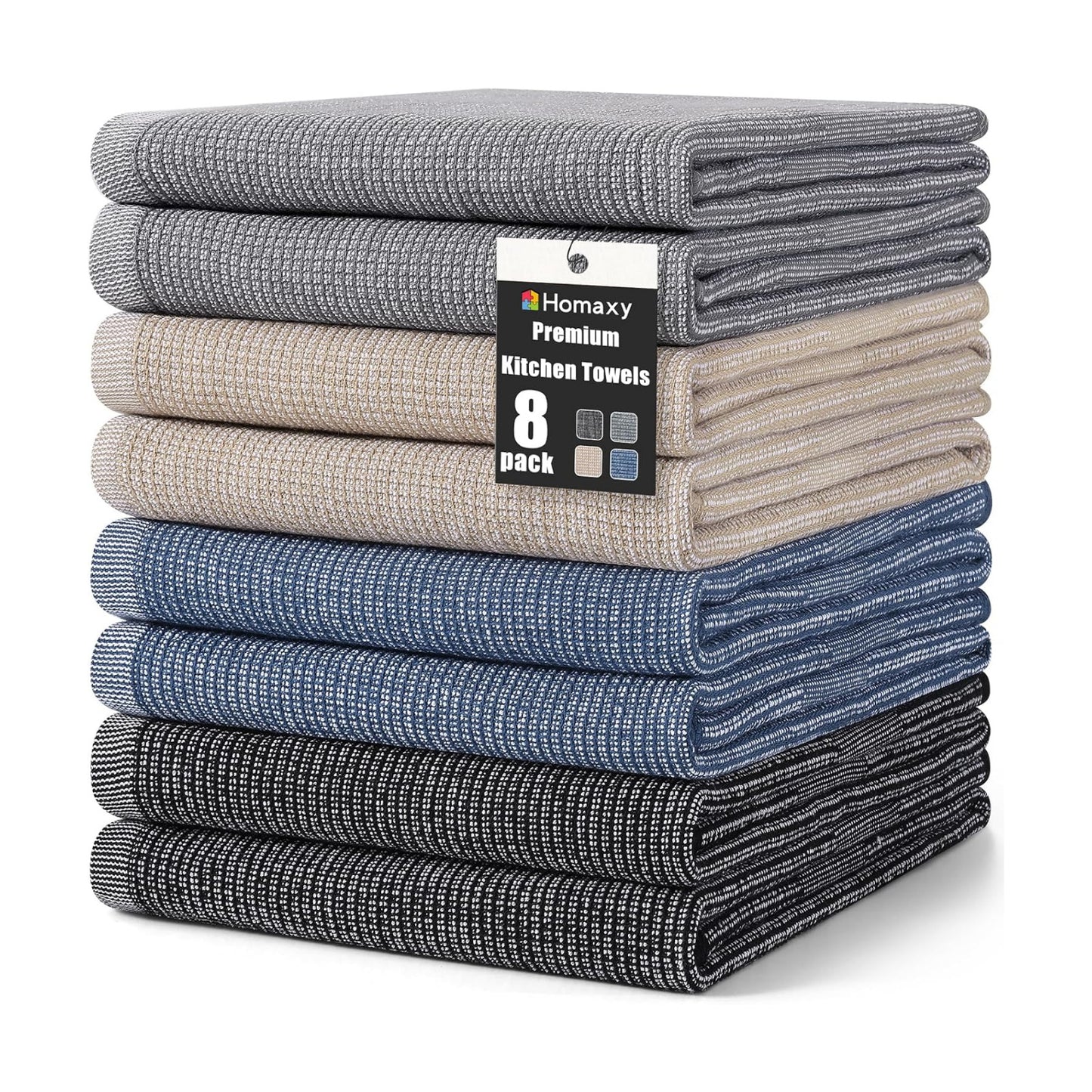 Homaxy 380 GSM Cotton Premium Kitchen Towels 8 Pack, 18"x 28", Mixed Color | Flat and Terry Dish Towels, Highly