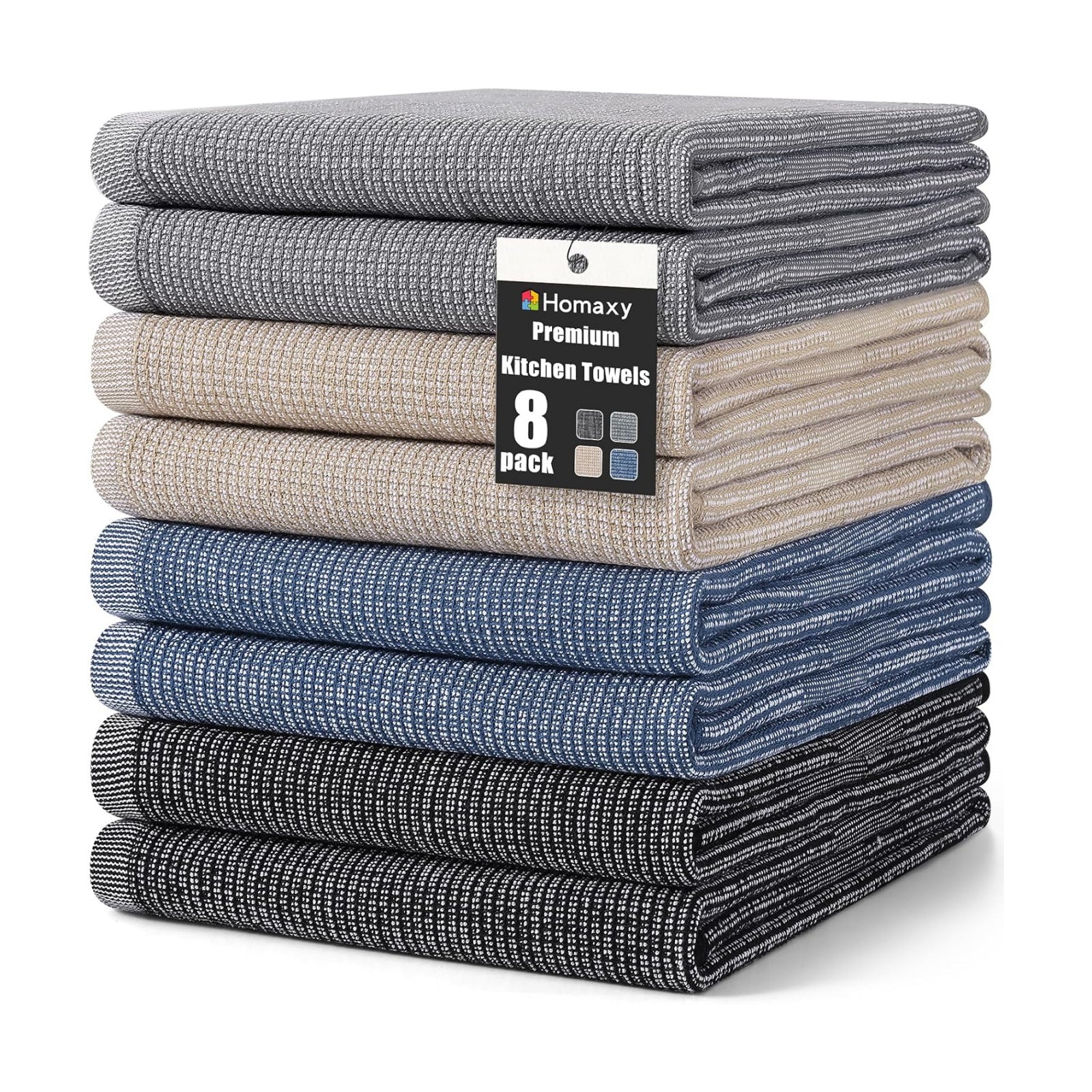Homaxy 380 GSM Cotton Premium Kitchen Towels 8 Pack, 18"x 28", Mixed Color | Flat and Terry Dish Towels, Highly