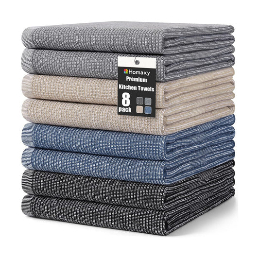 Homaxy 380 GSM Cotton Premium Kitchen Towels 8 Pack, 18"x 28", Mixed Color | Flat and Terry Dish Towels, Highly