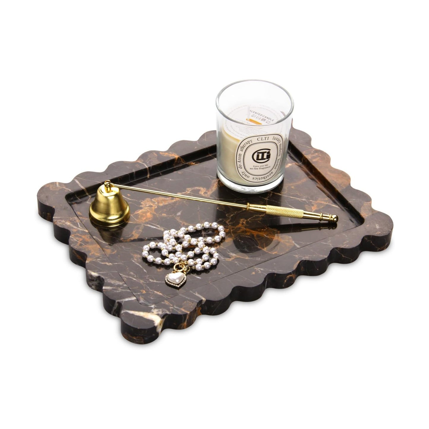 Scalloped Marble Decorative Tray / Black Gold / 10.8 x 8 x 1.2
