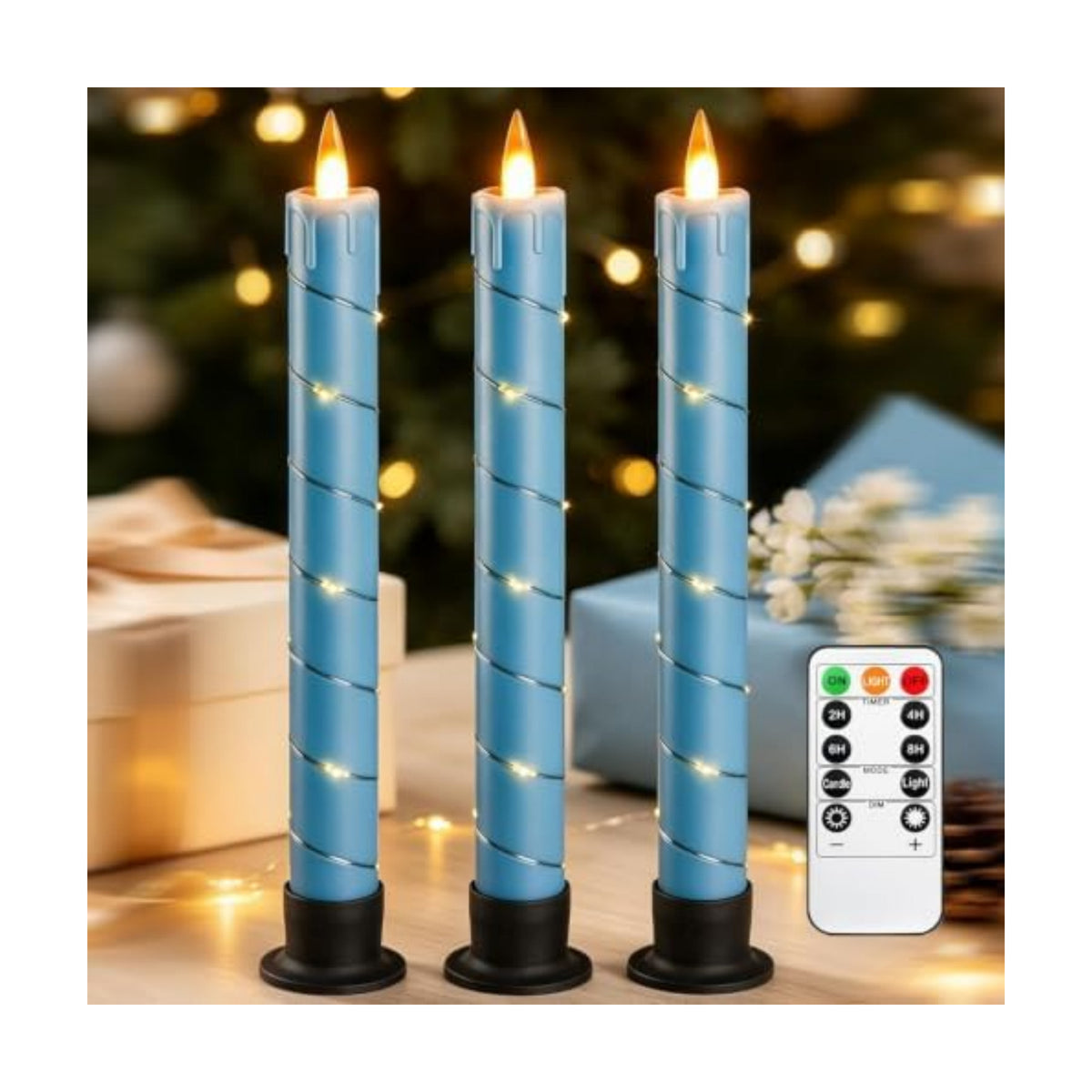 Flameless Cone Candle with Built-in Star String Light, 11 Button Remote Control, Timer, Battery Powered, Analog Flame, 3 Pack of Window Candles, Christmas Home & Wedding Decoration (Sky Blue)
