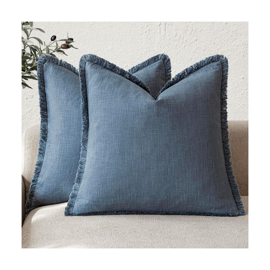 Decorative Linen Fringe Throw Pillow Covers Farmhouse Cushion / 18 x 18 / Blue Ashes / Set of 2