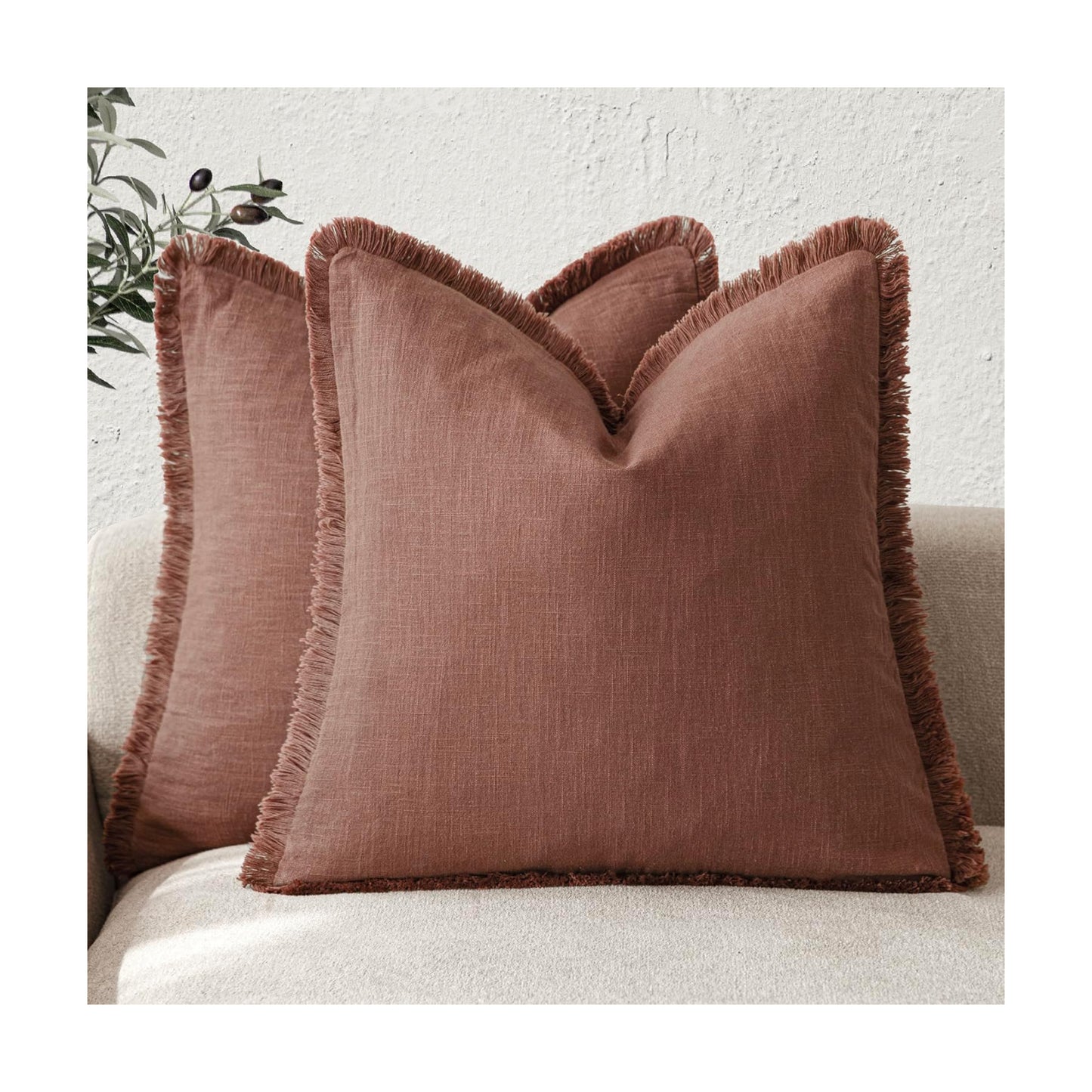 Decorative Linen Fringe Throw Pillow Covers Boho Farmhouse / 18 x 18 / Autumn Glaze / Set of 2
