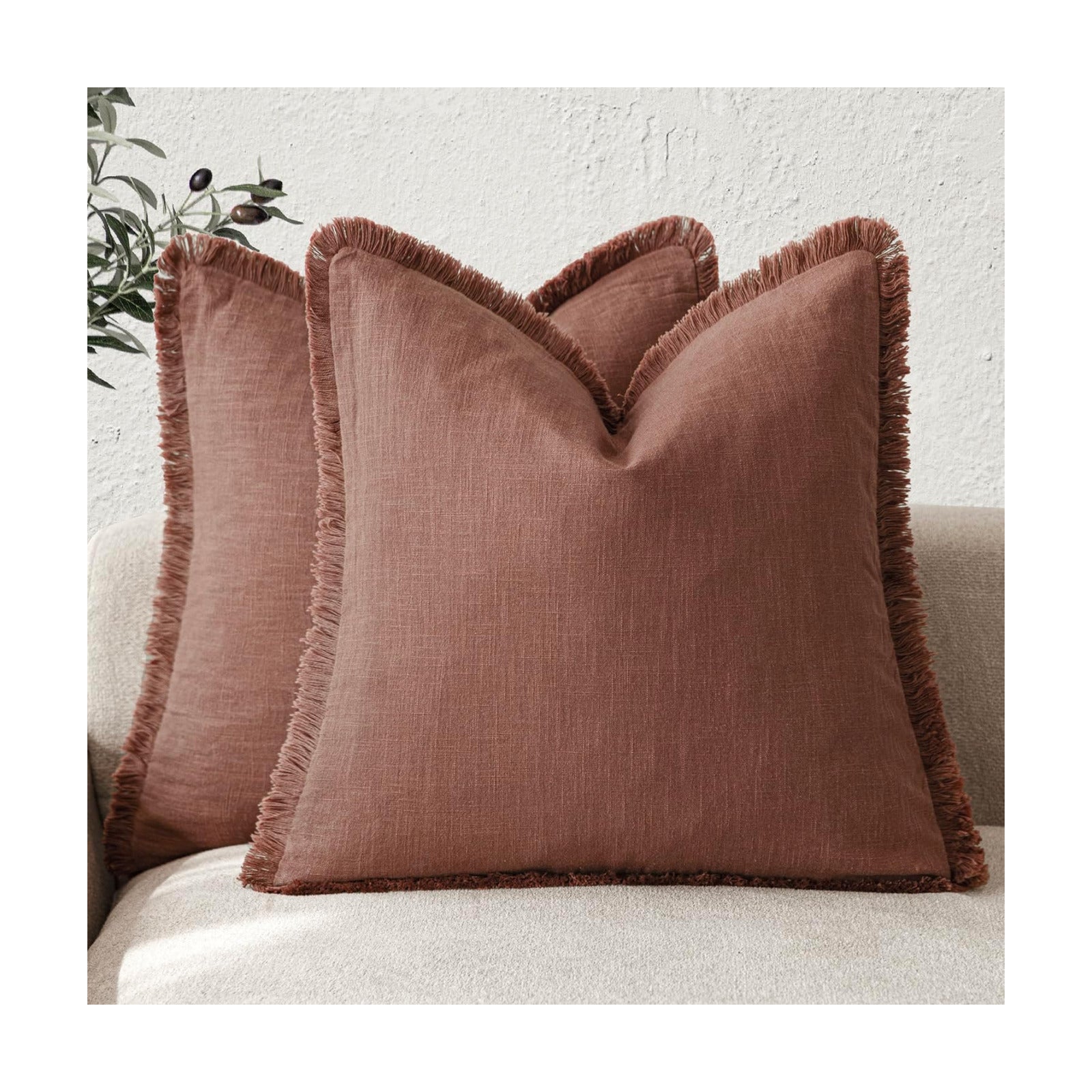 Decorative Linen Fringe Throw Pillow Covers Boho Farmhouse / 18 x 18 / Autumn Glaze / Set of 2