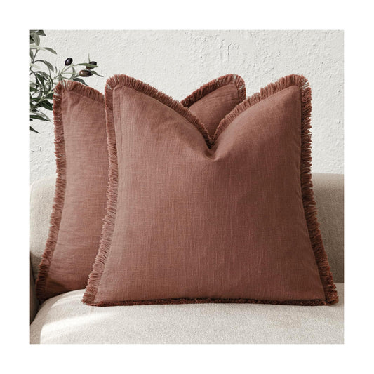 Decorative Linen Fringe Throw Pillow Covers Boho Farmhouse / 18 x 18 / Autumn Glaze / Set of 2
