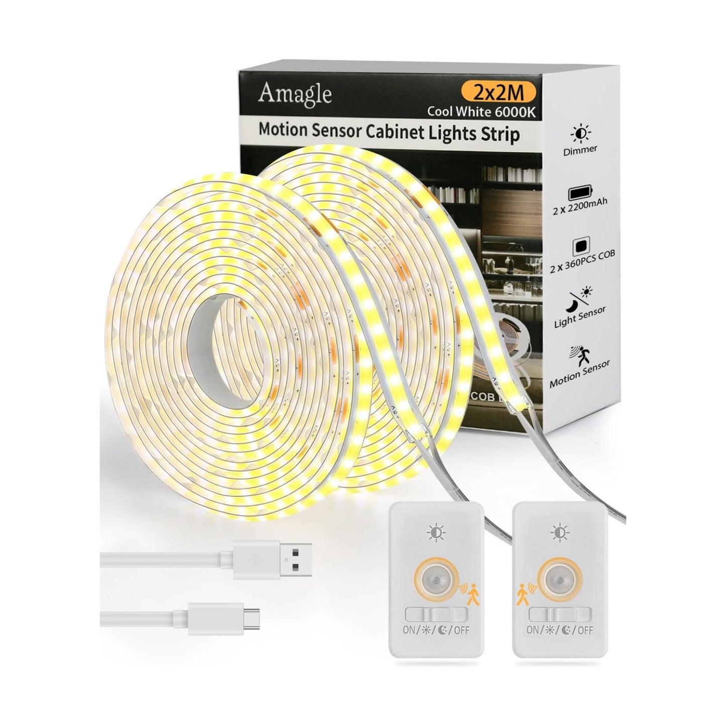 Rechargeable Motion Sensor COB LED Lights Strips, 2 Pack 6.56FT Motion Activated Under Cabinet LED Strip Lights 2200mAh