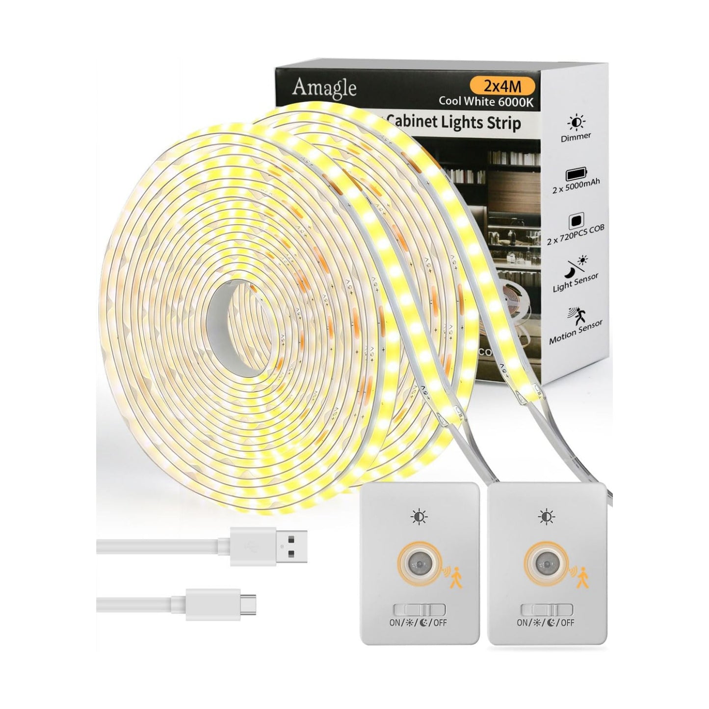 Under Cabinet Lighting Wireless, 2 Pack 5000mAh 13FT COB Motion Sensor Led Light Strips Indoor, Rechargeable Battery