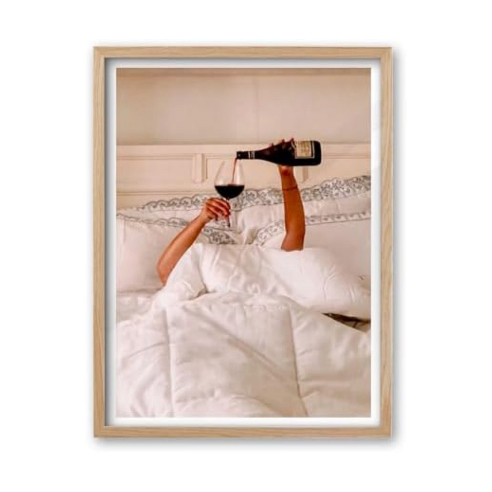 EcoHest 16x20 in Woman Drinking Wine in Bed Framed Wall Art for Bedroom