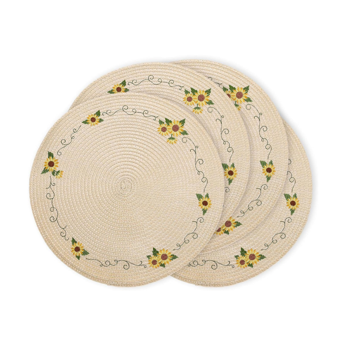 Whaline 4Pcs Sunflower Embroidered Placemats Spring Summer Floral Round Place Mats Dinner Table Mats for Home Holiday Birthday Baby Shower Party Decor