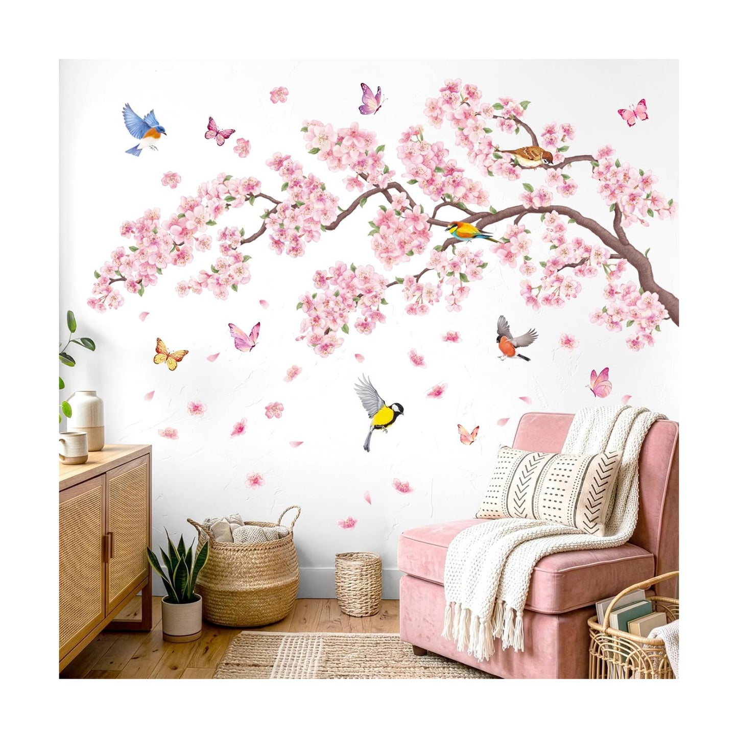 SG2-2427 and Bird Wall Stickers Cherry Blossom Tree Branch Decals Bedroom Living Room / Pink Flowers