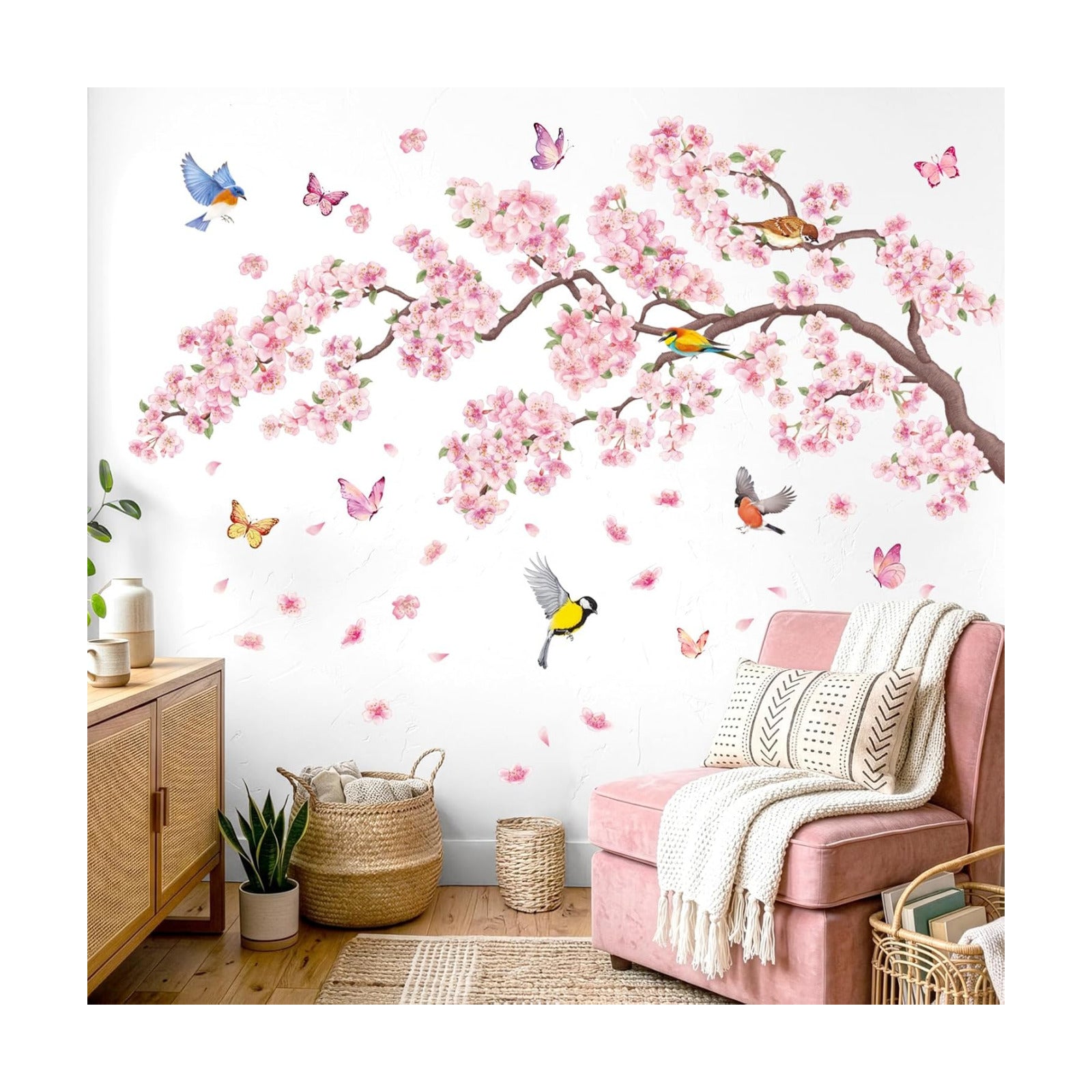 SG2-2427 and Bird Wall Stickers Cherry Blossom Tree Branch Decals Bedroom Living Room / Pink Flowers