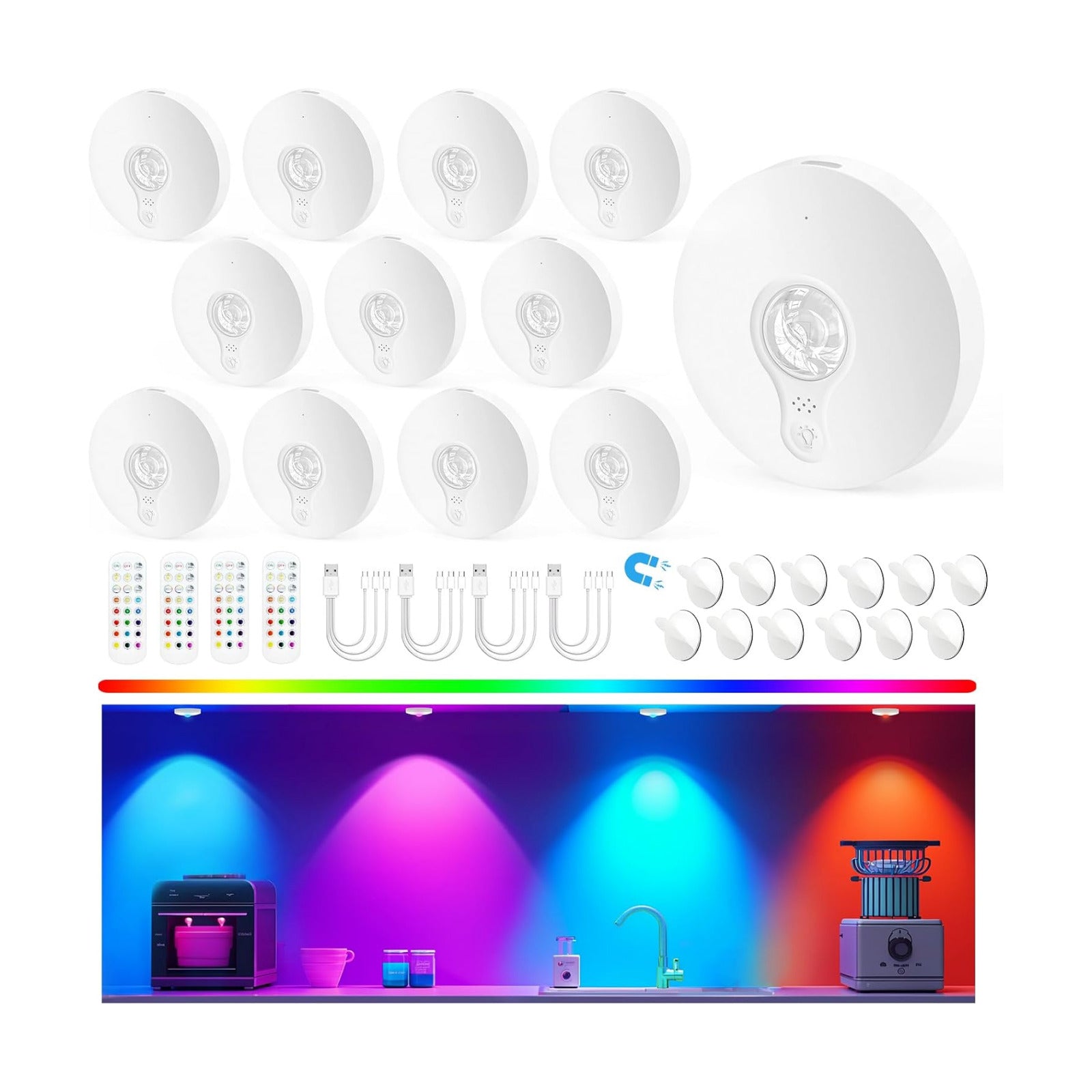 Rechargeable Puck Lights with Remote, 12 Pack Magnetic Under Cabinet Lighting, 1500mAh Battery Operated LED Tap Lights