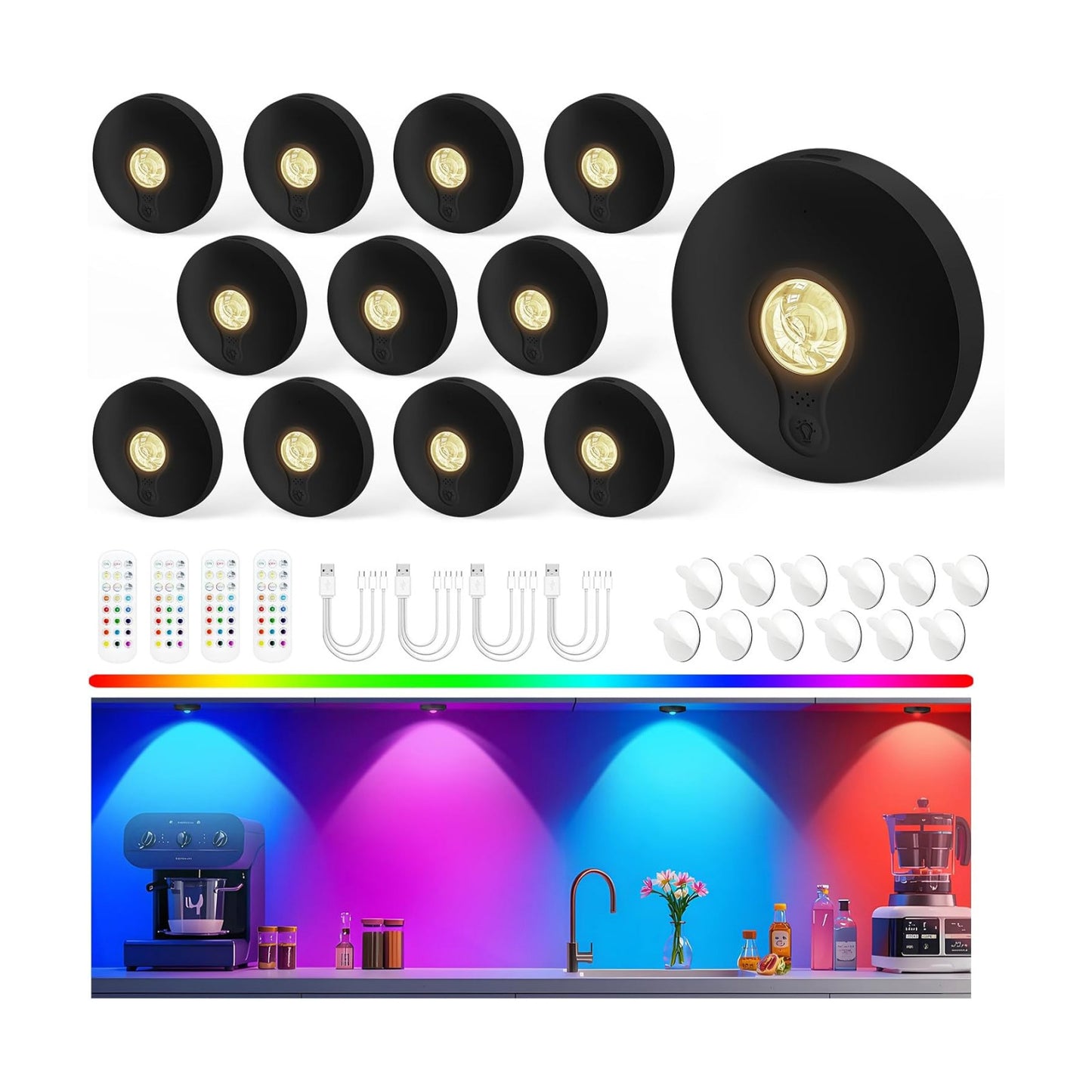 Rechargeable Puck Lights with Remote, 12 Pack Magnetic Under Cabinet Lighting, 1500mAh Battery Operated LED Tap Lights
