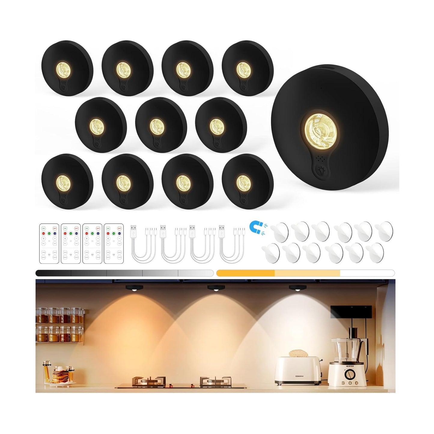 Yiliaw Rechargeable Puck Lights with Remote, 12 Pack Magnetic Under Cabinet Lighting, 1500mAh Battery Operated LED Tap