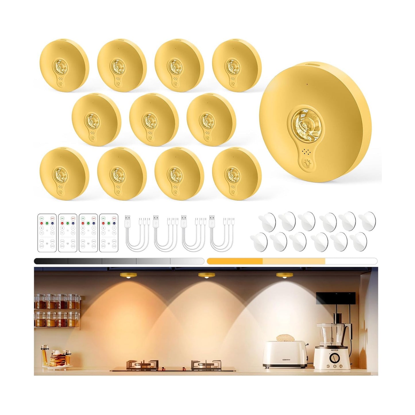 Yiliaw Rechargeable Puck Lights with Remote, 12 Pack Magnetic Under Cabinet Lighting, 1500mAh Battery Operated LED Tap