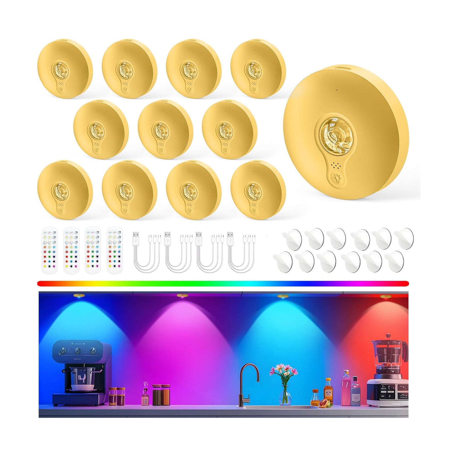 Rechargeable Puck Lights with Remote, 12 Pack Magnetic Under Cabinet Lighting, 1500mAh Battery Operated LED Tap Lights