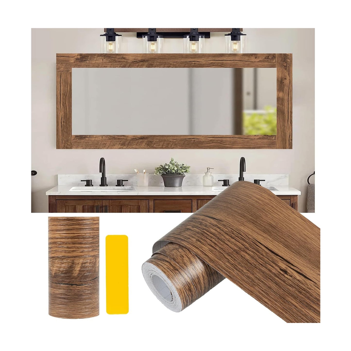 10M Wood Grain Mirror Frame Border Peel and Stick Wallpaper / 3.9 x 393 / Brown