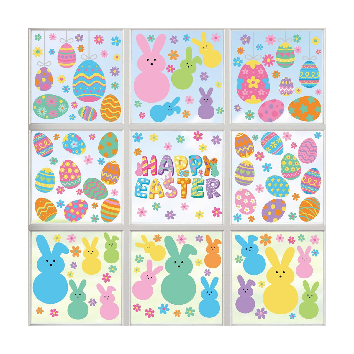 9 Sheets Easter Window Clings, 152PCS Double Sided Easter Party Clings for Glass Windows with Bunny Egg Flower, Reusable Happy Eggs Bunny Window Decals Stickers for Home Office Decorations