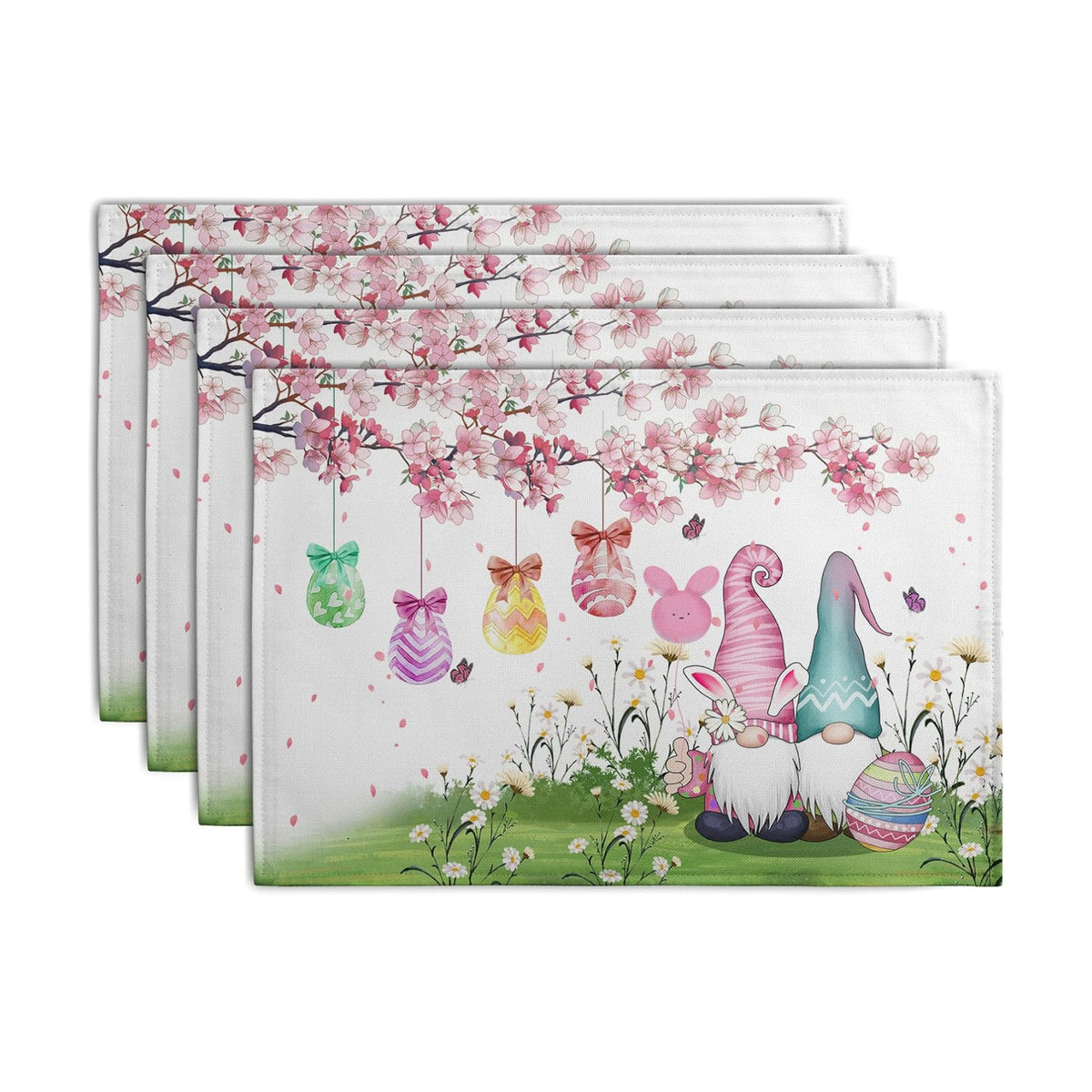 Easter Gnomes Bunny Placemats Set of 4 Easter Eggs Flowers Place Mat 12x18 Inch Seasonal Spring Farmhouse Washable Linen Table Mats for Party Kitchen Dining Outdoor Indoor Decor