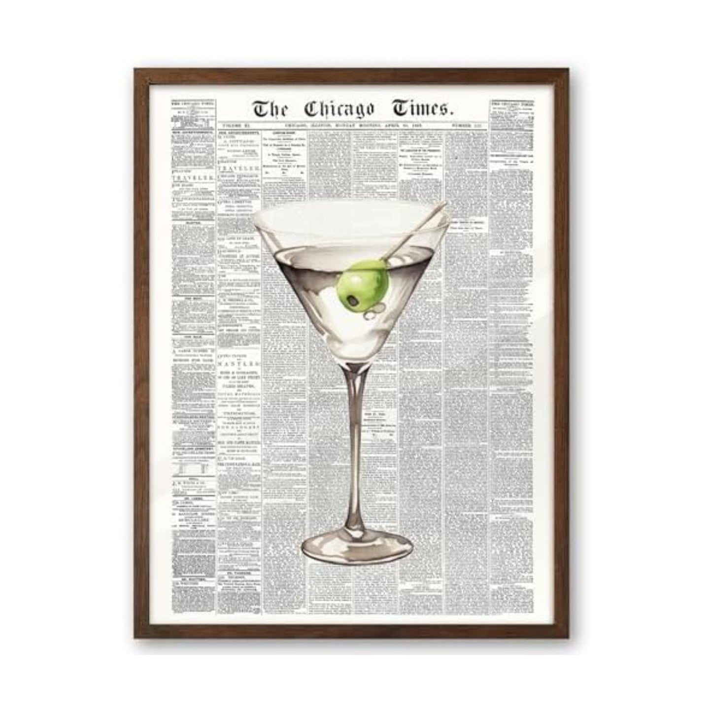 EcoHest 12x16 in Martini Newspaper Framed Wall Art for Bar Cart