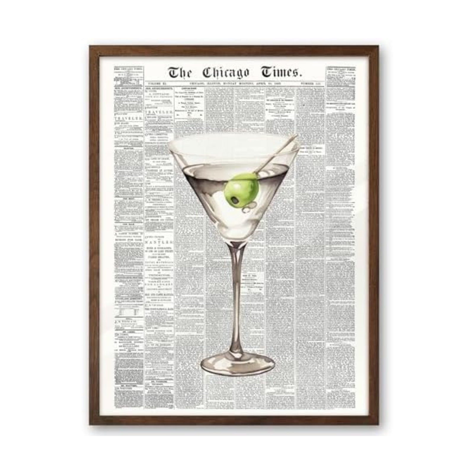 EcoHest 12x16 in Martini Newspaper Framed Wall Art for Bar Cart