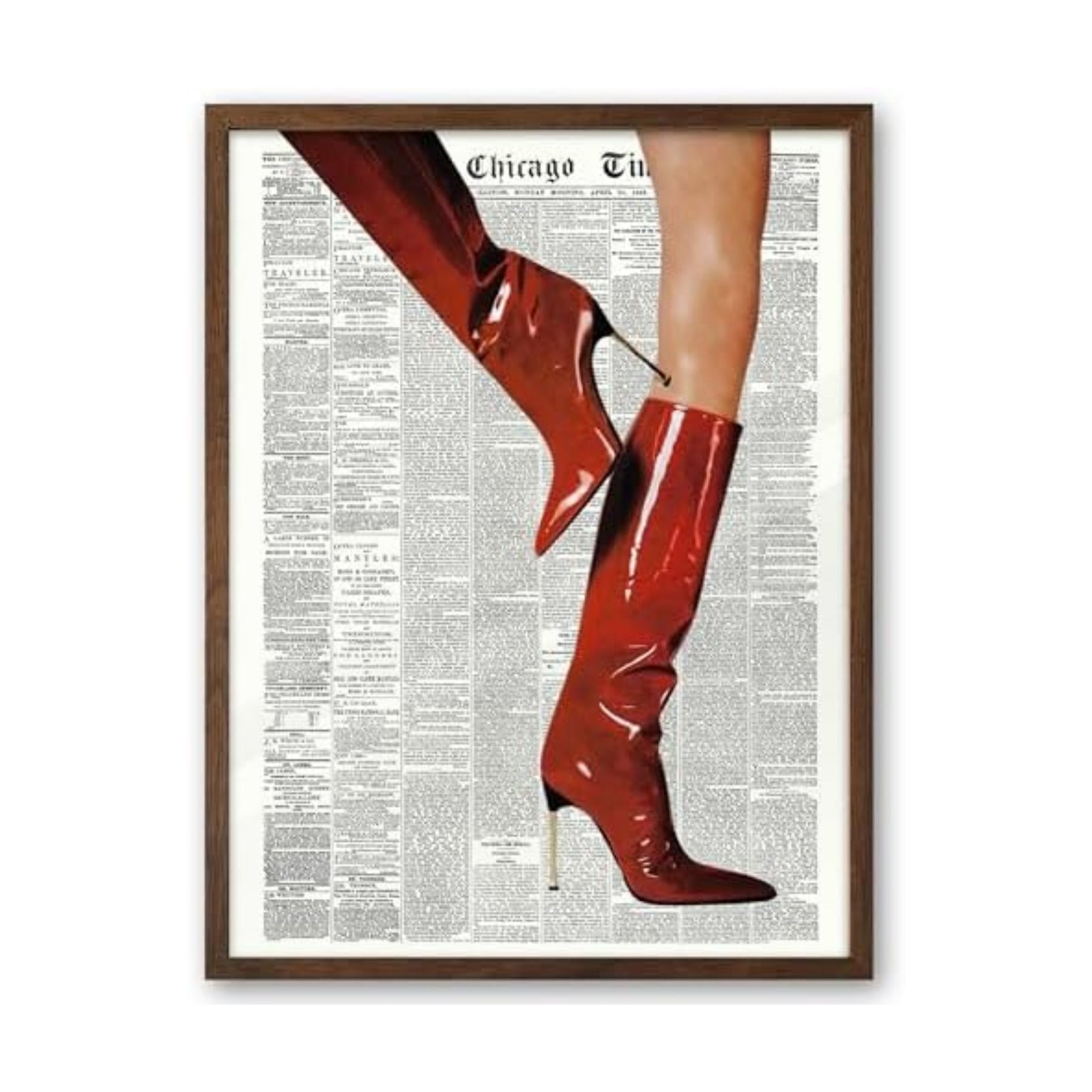 EcoHest 12x16 in Red Boots Newspaper Framed Wall Art