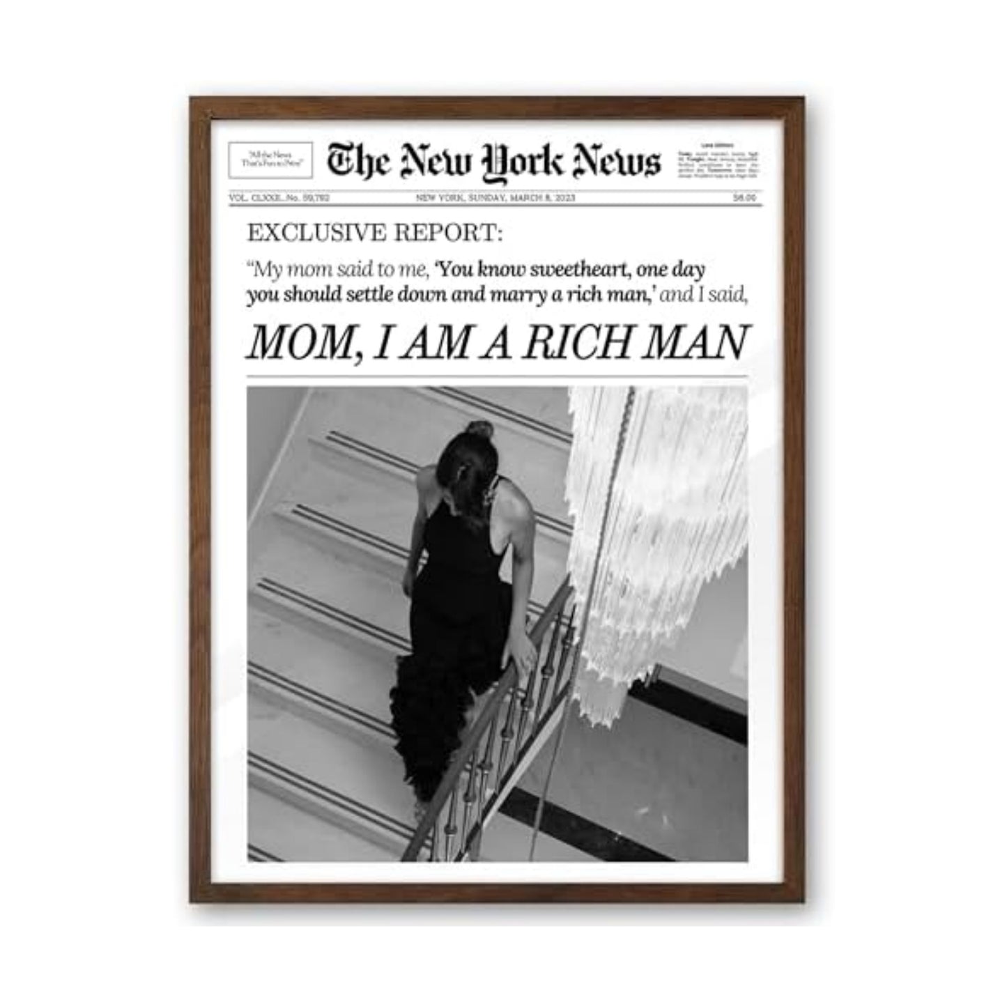 EcoHest 12x16 in Mom I Am a Rich Man Newspaper Framed Wall Art