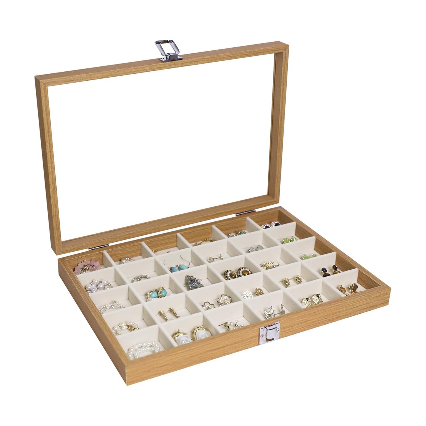 30 Grid Wood Jewelry Organizer / Beige / Set of 30