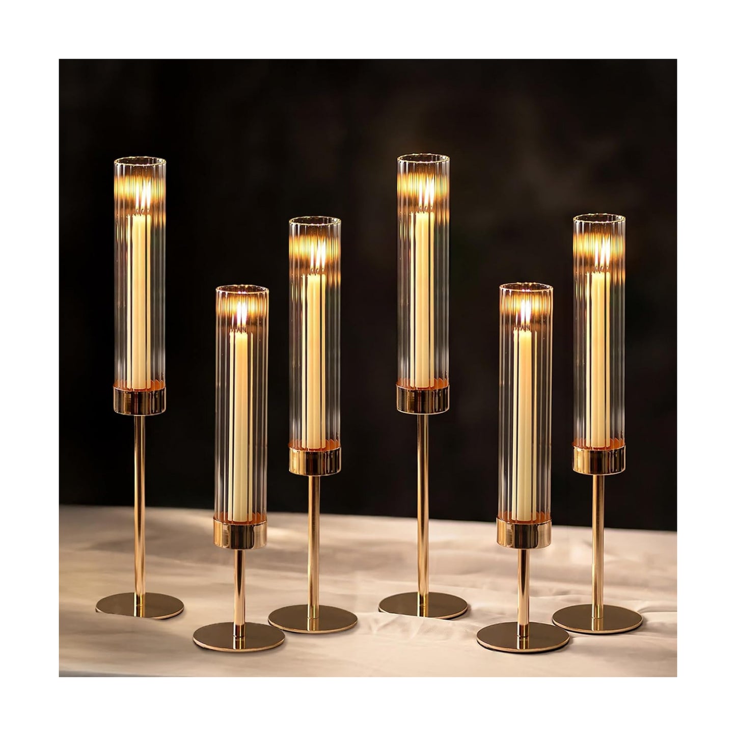 NUPTIO Hurricane Candle Holder for Centerpiece: Set of 6 Tall Candle Stick Holder with Ribbed Glass Cover - Bulk Fluted
