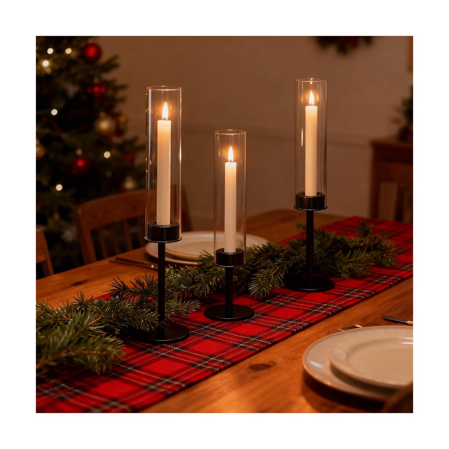 Black Hurricane Glass Candle Holders Set of 3 Tall Taper Candlestick Holder | Metal Candle Stick Holders, for Dining