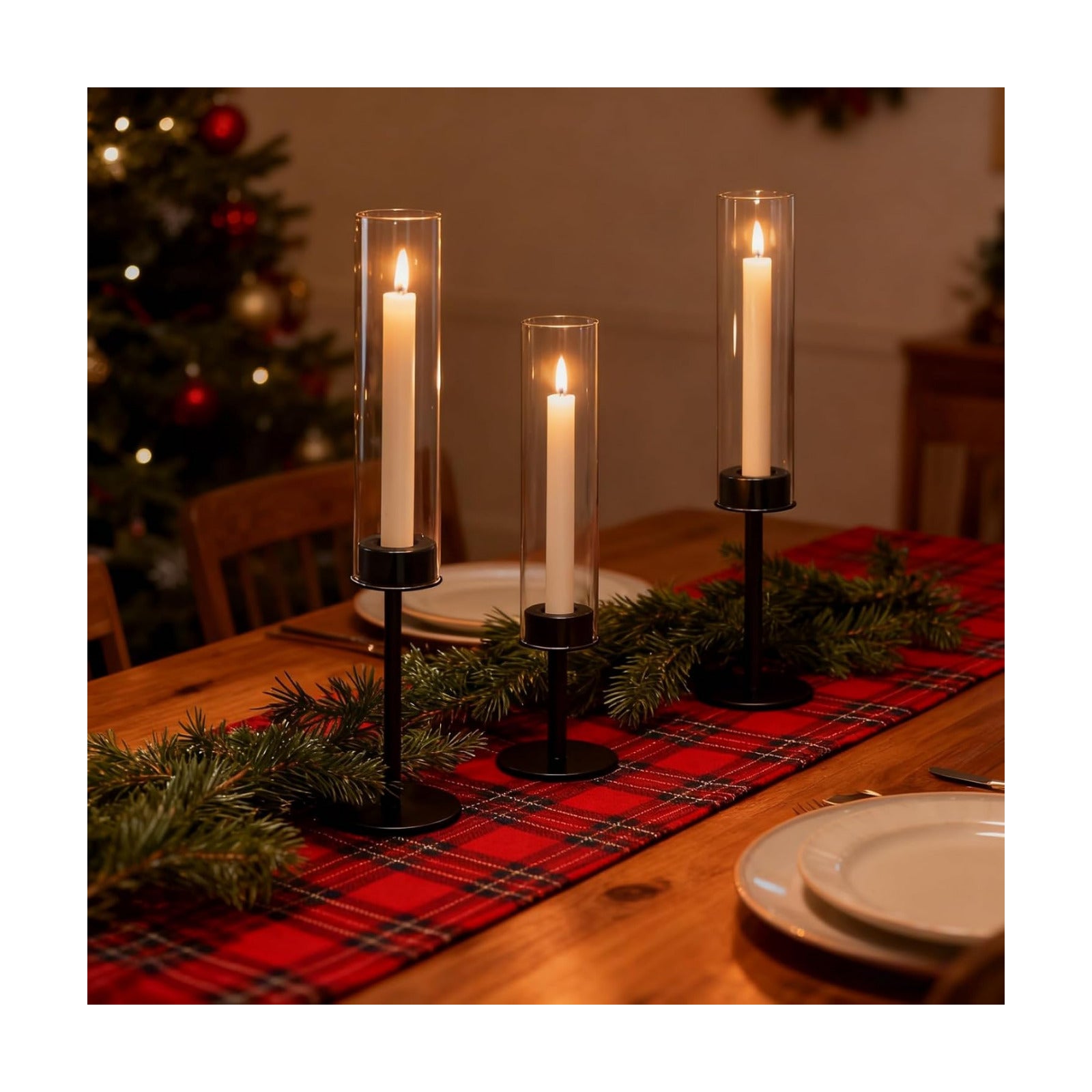 Black Hurricane Glass Candle Holders Set of 3 Tall Taper Candlestick Holder | Metal Candle Stick Holders, for Dining