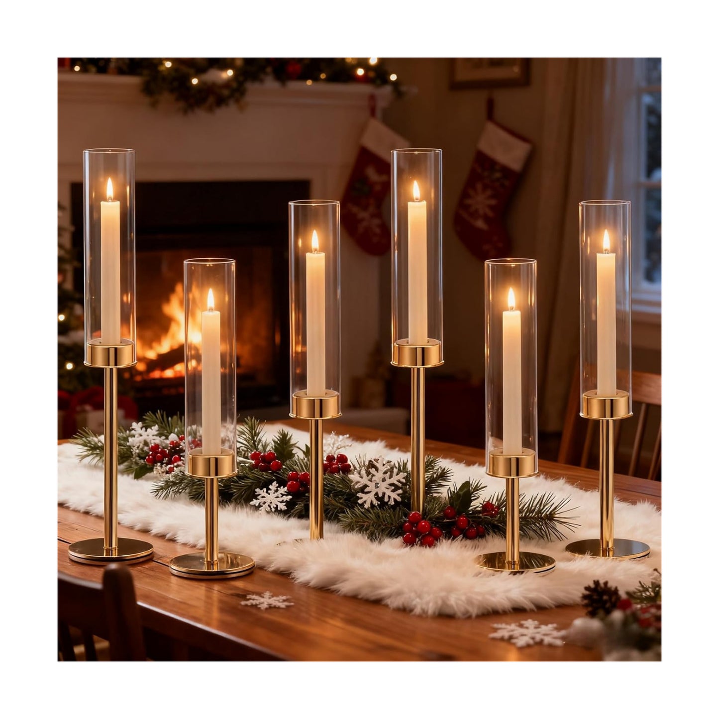 Gold Hurricane Glass Candle Holders Set of 6 Brass Taper Candlestick Holder | Windproof Flameless Candle Holder, Tall