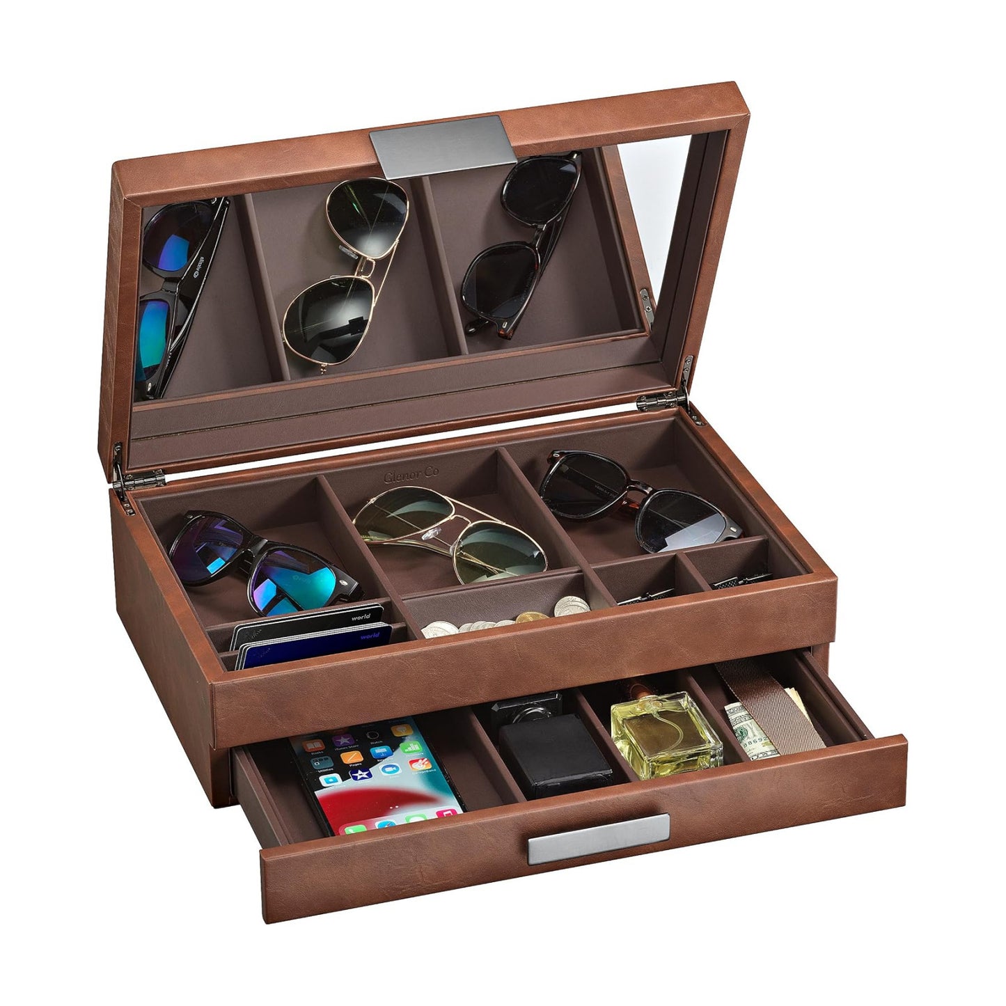 Glenor Co Mens Valet/Dresser Organizer - Luxury 12 Slot Jewelry Accessories Box, Carbon Fiber Design, Drawer Tray