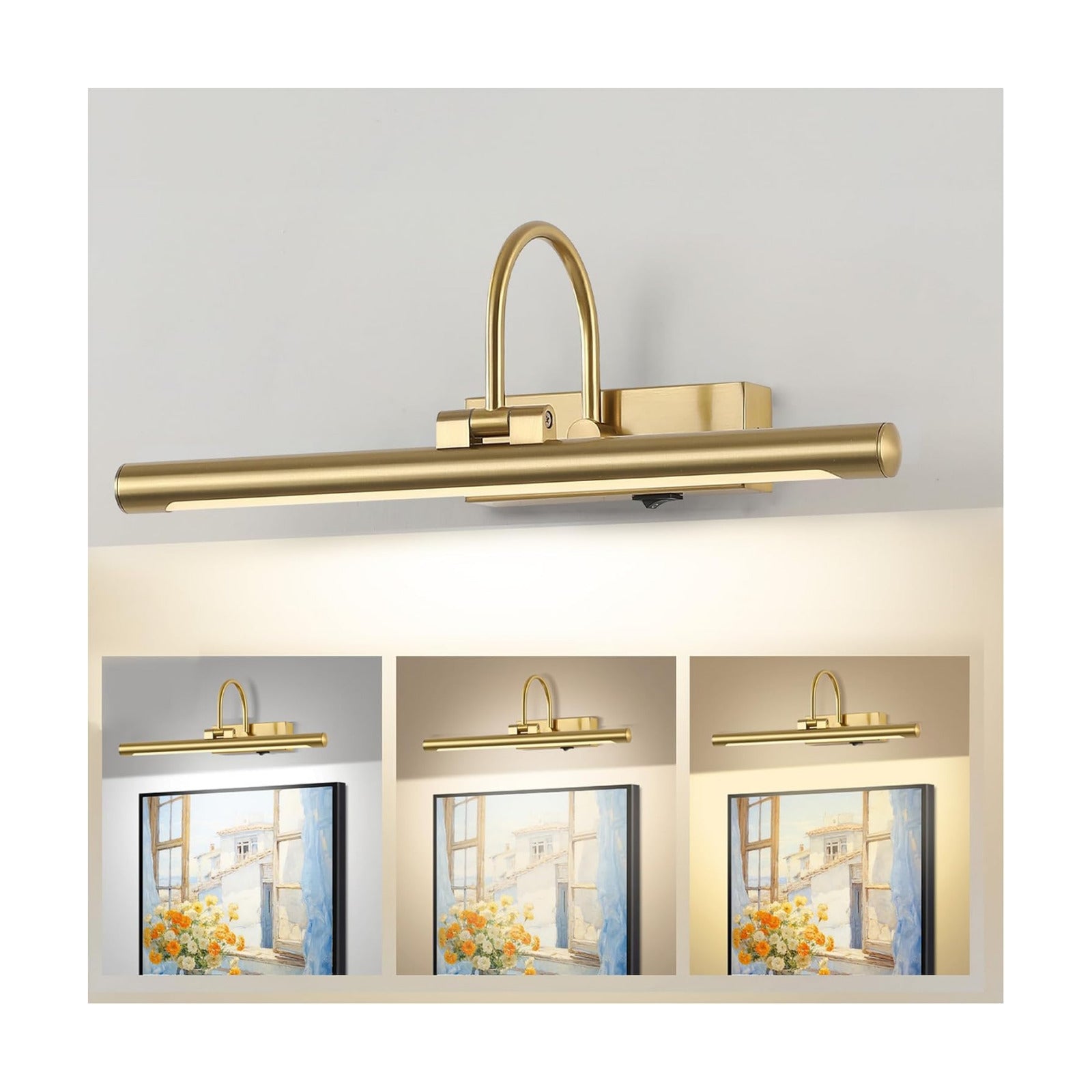 24" Wireless Battery Operated Picture Light for Wall Brass Gold Rechargeable Wall Light with Remote and Timer 9000mAh