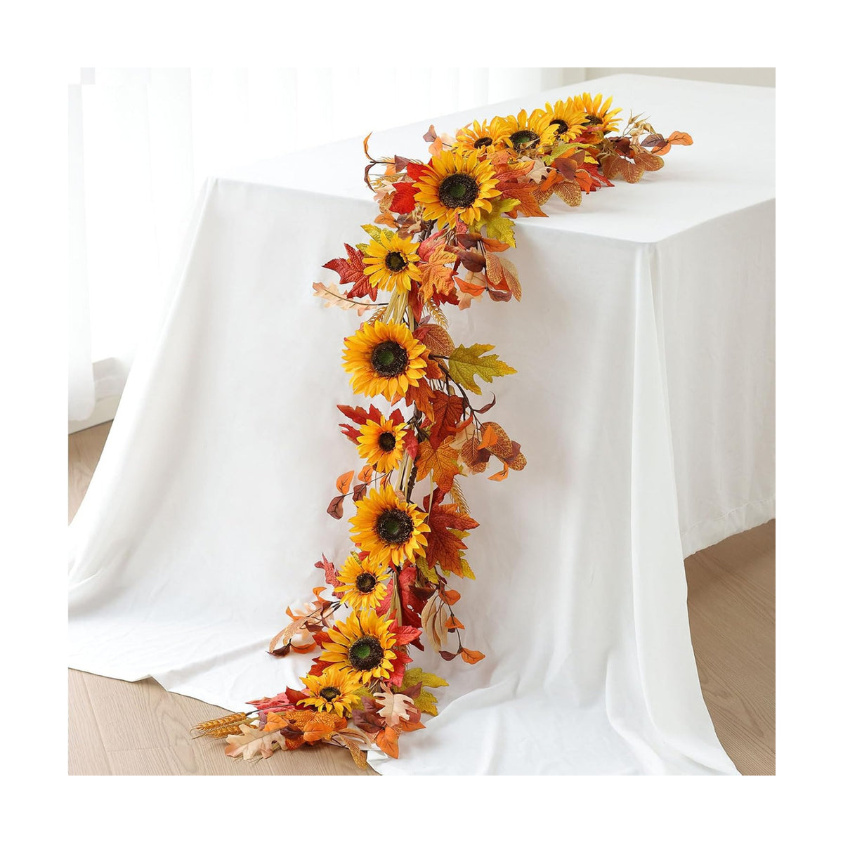 Mizii Artificial Sunflower Garland 6FT Fake Silk Sunflowers Flower Garland Autumn Hanging Vines Decorations for Kitchen Table Centerpieces Room Wall Party Wedding Birthday Fall Decor (Orange)