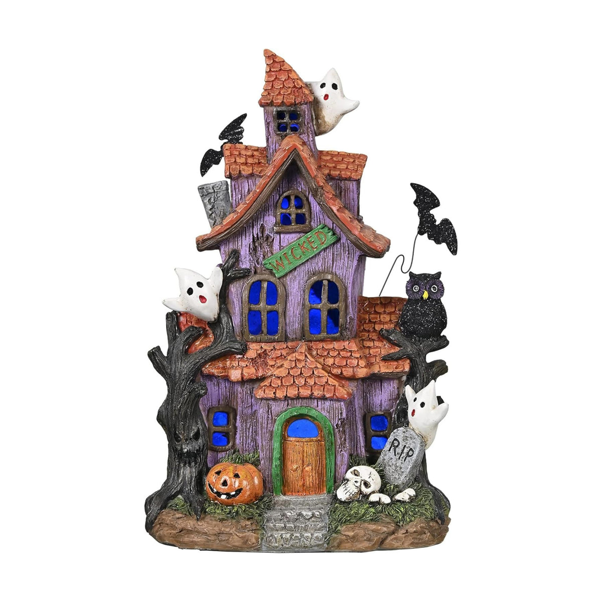 Valery Madelyn Halloween Decorations, Lighted Halloween Village Houses with LED Lights, Resin Spooky Town Happy Haunted House for Home and Party Table Desk Mantel, 9 Inch
