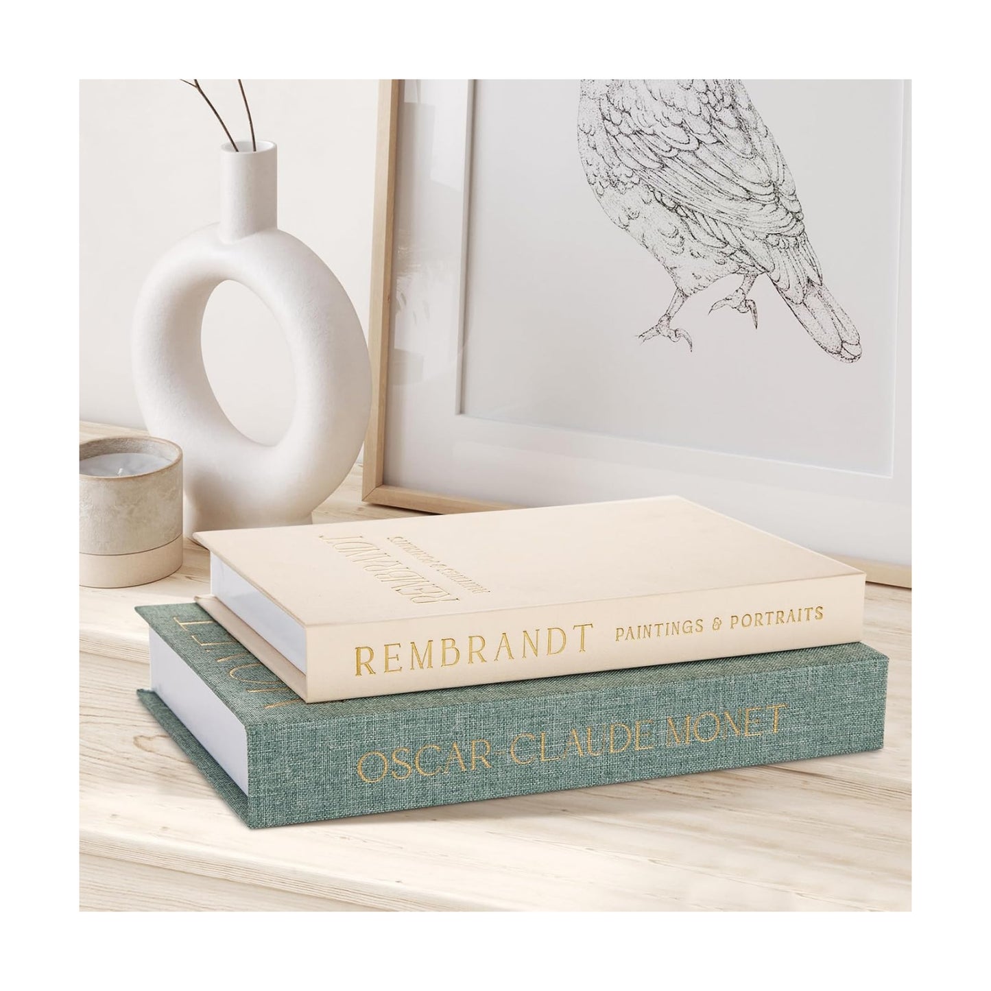 Linen Book Boxes Decor Coffee Table Bookshelf or Mantle / Green-beige / Set of 2