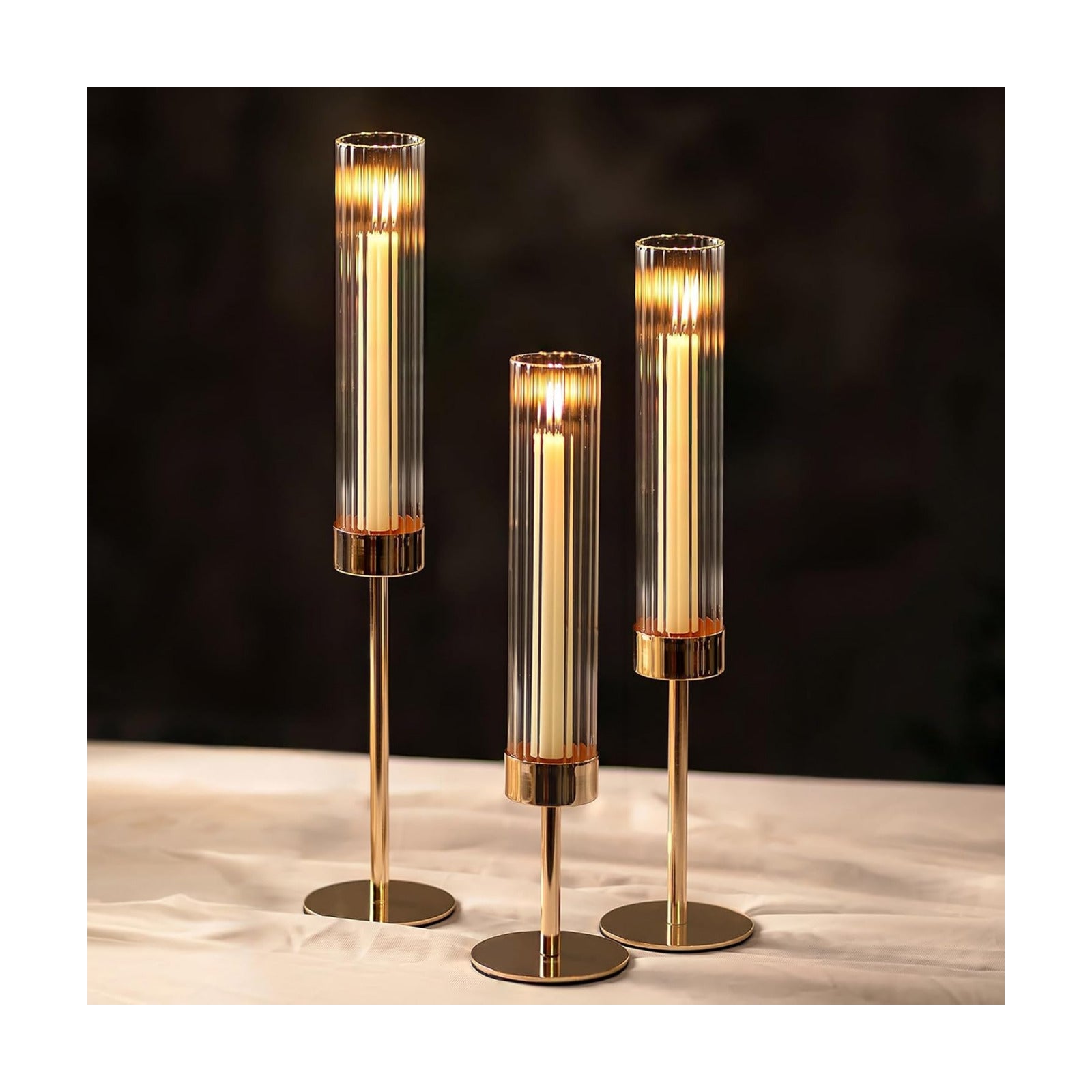 NUPTIO Tall Candlestick Holders for Centerpiece, Hurricane Candle Holder | Set of 3 Candle Stick Holders with Ribbed
