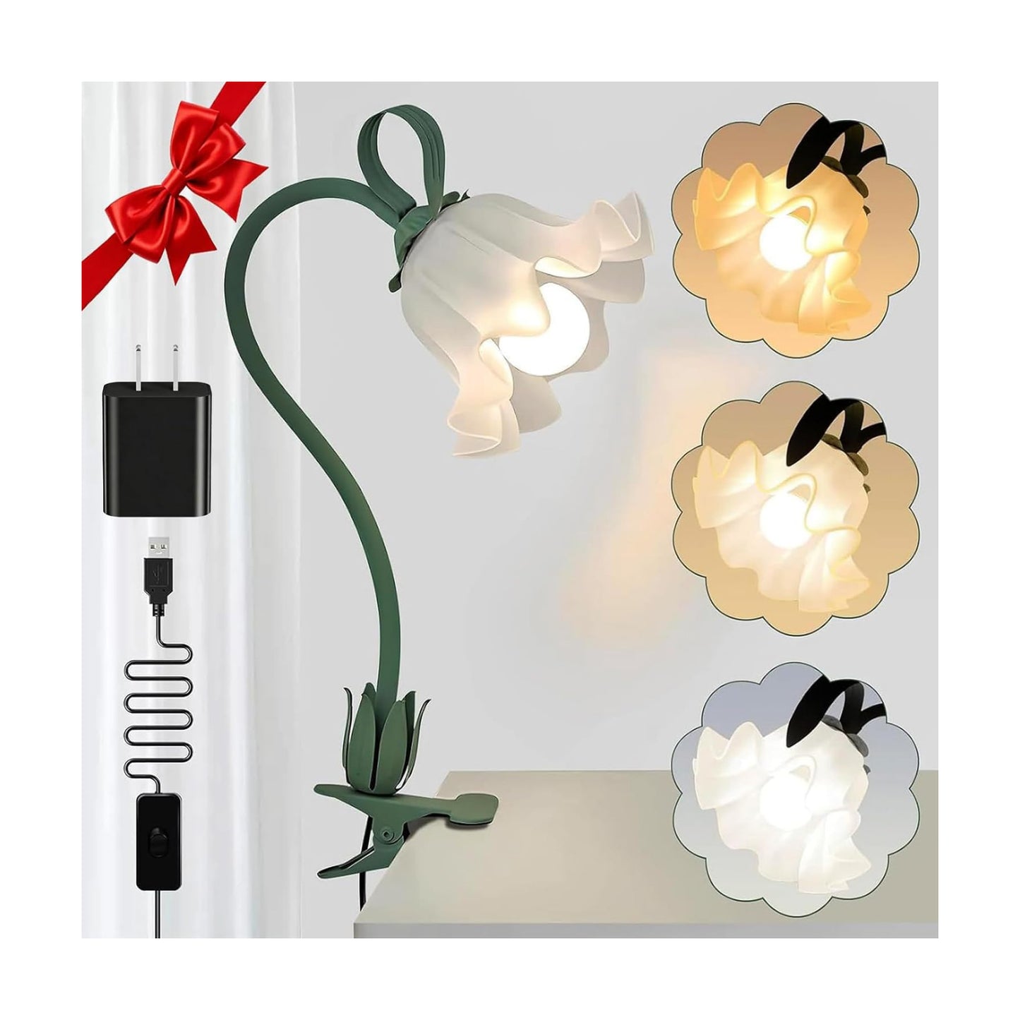 Clip On Flower Lamp for Bedroom, Aesthetic Bedside Reading Light with Flexible Gooseneck, 3 Color Modes Cute Desk Lamp