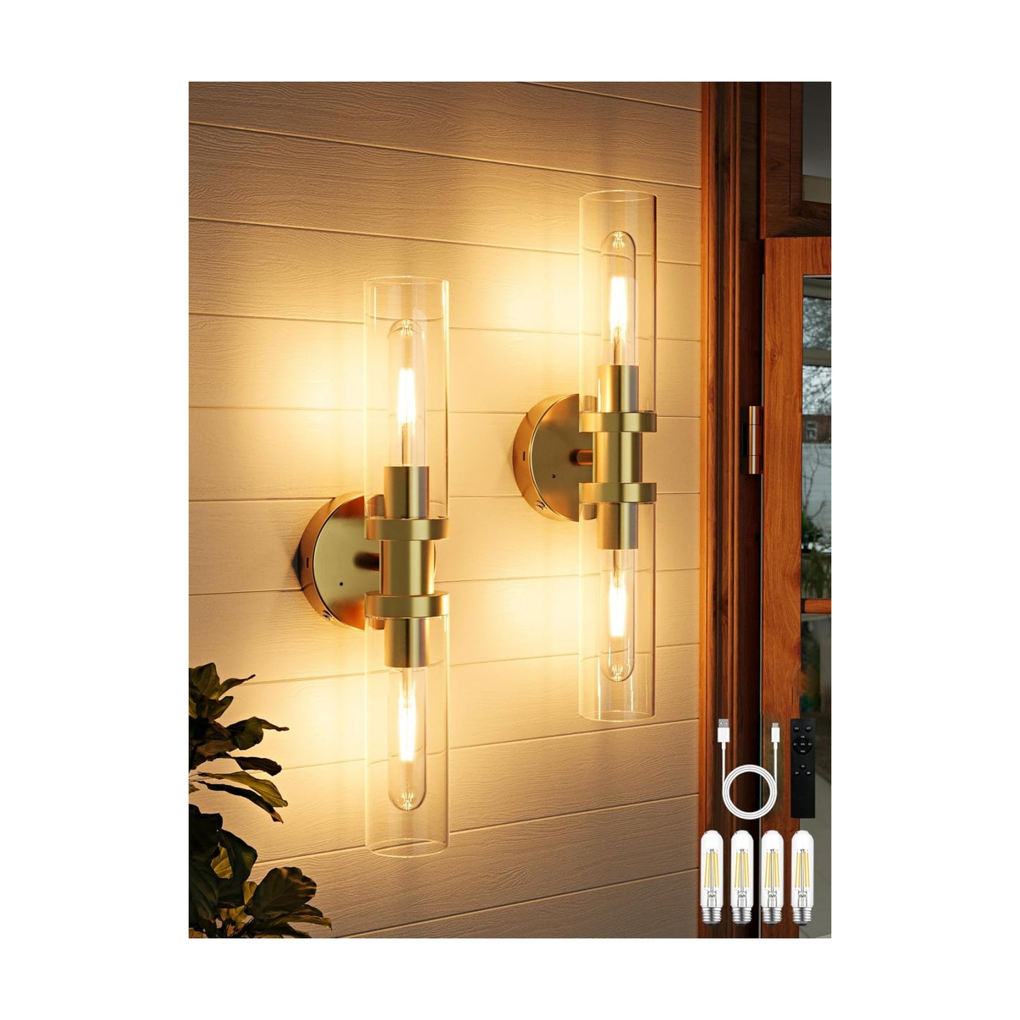 Battery Operated Wall Sconces, Wall Lights, Gold, 16.5 Inch, Easy Install | Glass Dimmable Wireless Rechargeable