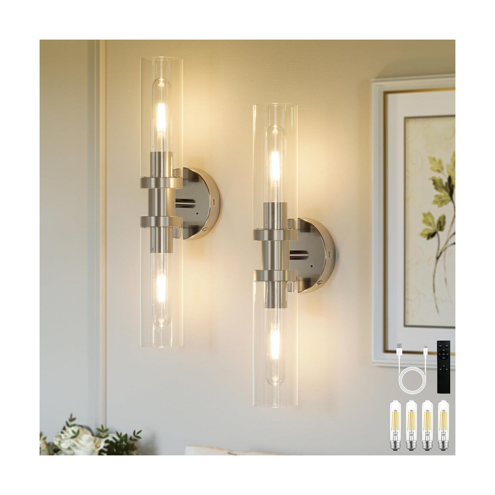 Rayogale Nickel Wireless Battery Operated Wall Sconce with Remote Control | Dimmable Rechargeable Wall Lights Set of 2