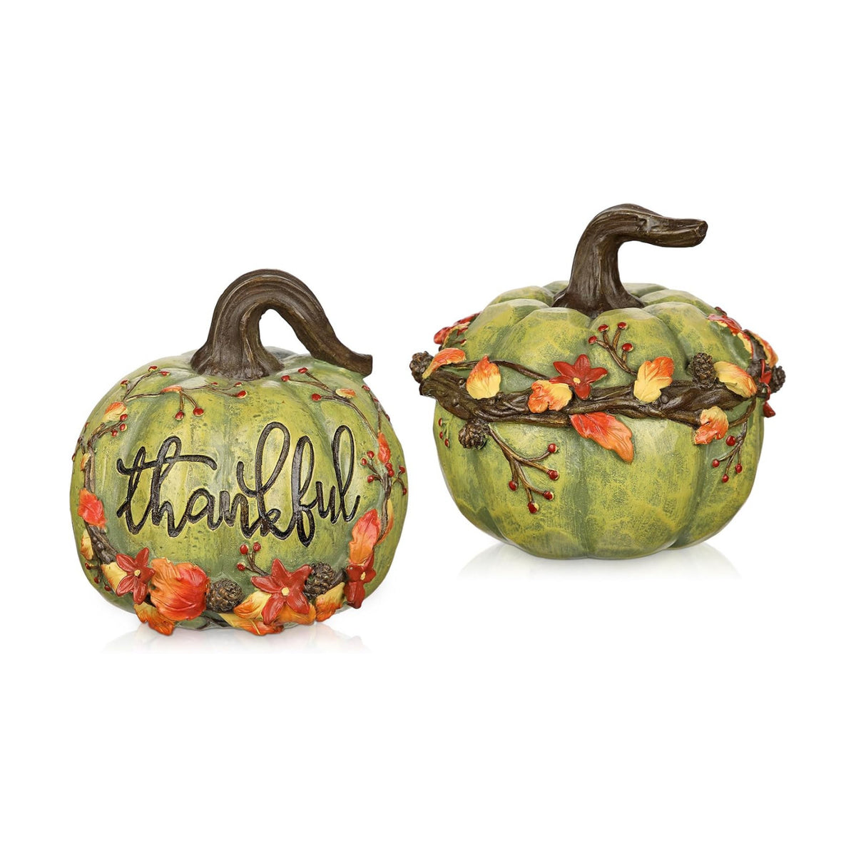 Fall Pumpkin Decor 2Pcs Fake Pumpkins Green Resin Carved Pumpkin Small Decorative Faux Pumpkins Fall Artificial Pumpkins for Home Table Farmhouse Mantel Halloween Thanksgiving Harvest Centerpieces